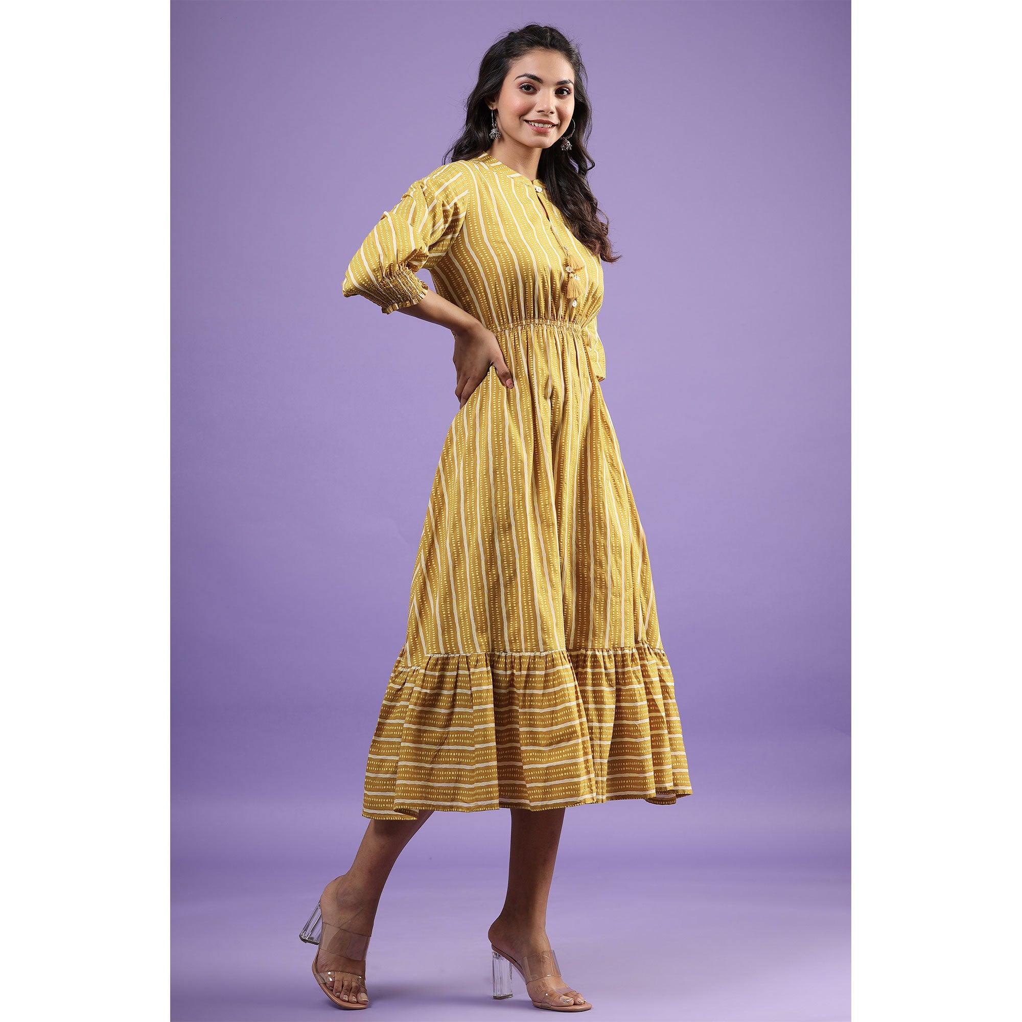 Mustard Printed Pure Cotton Dress - Peachmode