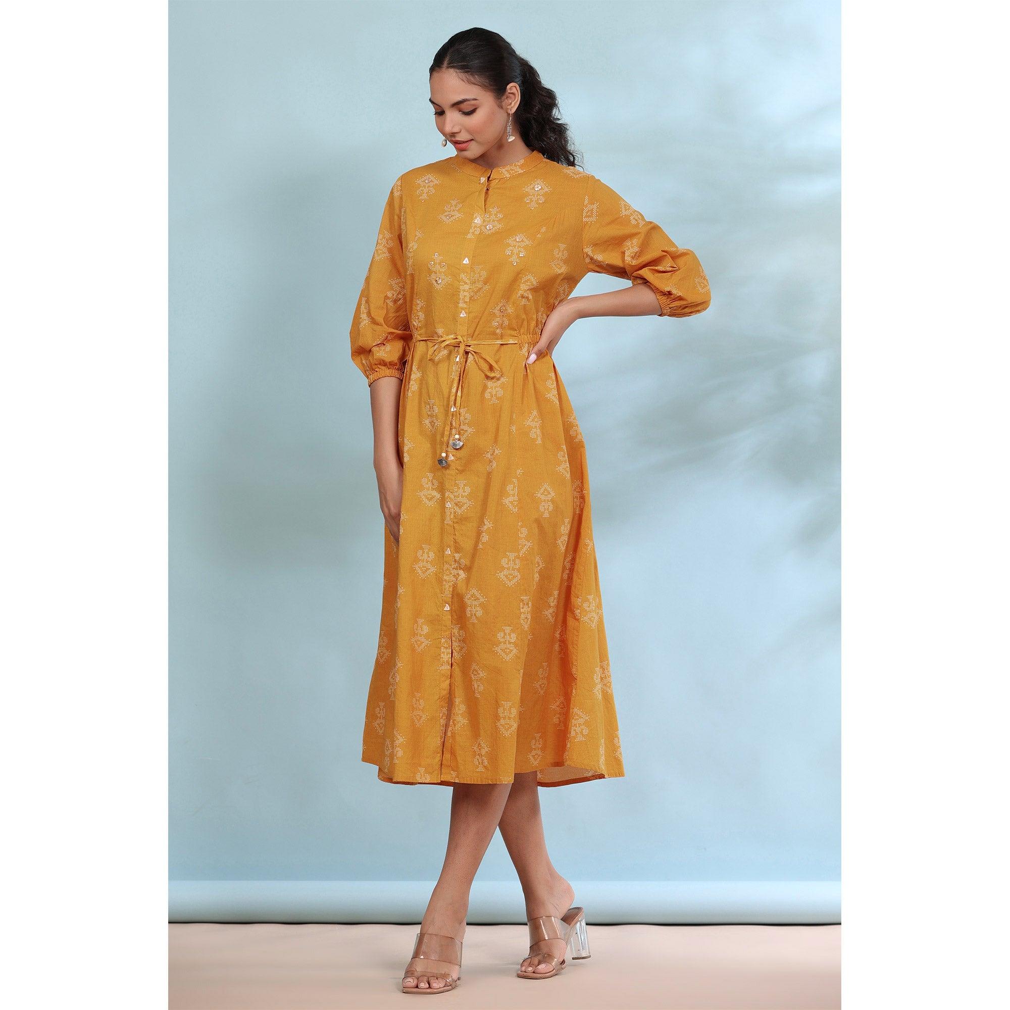 Mustard Printed Pure Cotton Dress - Peachmode