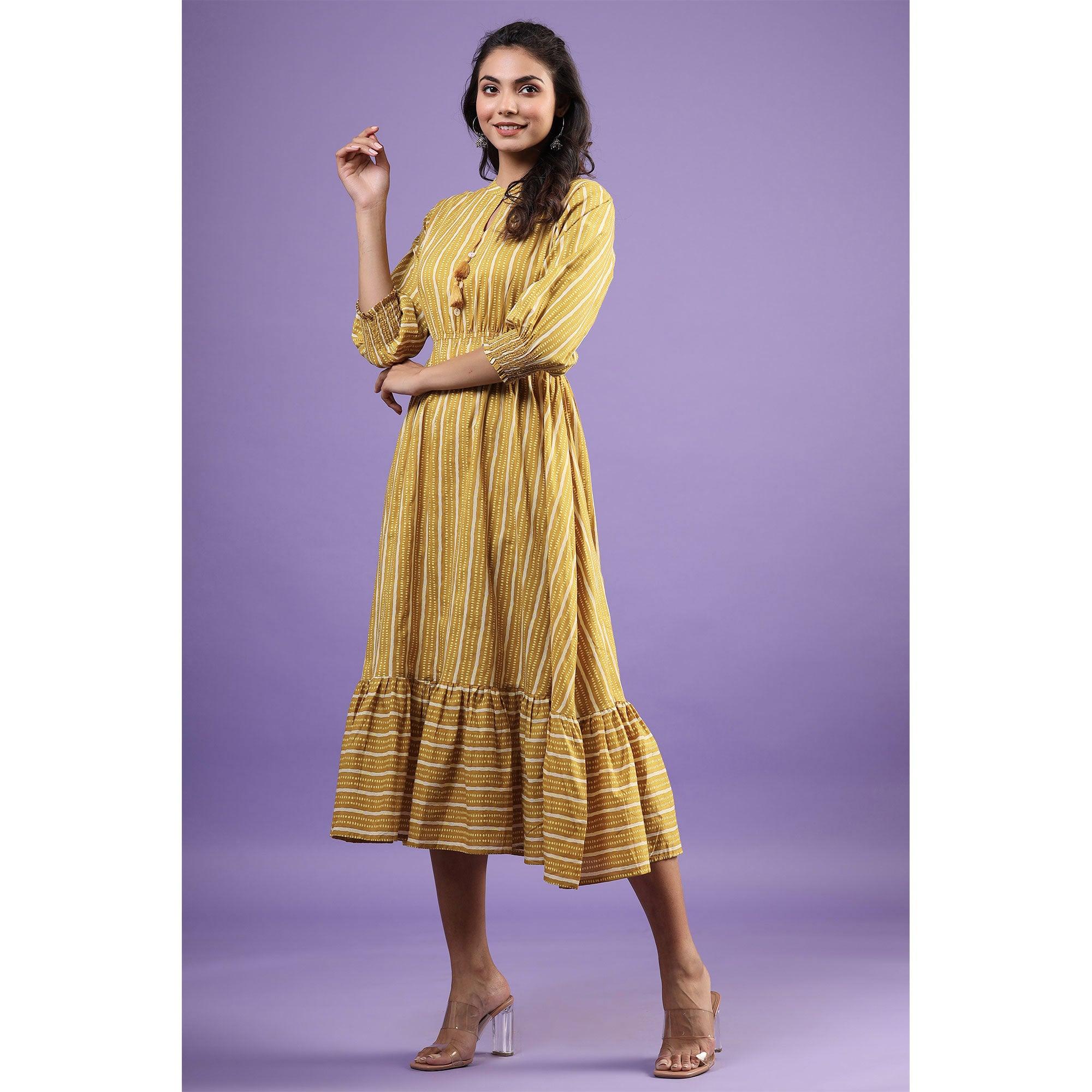 Mustard Printed Pure Cotton Dress - Peachmode
