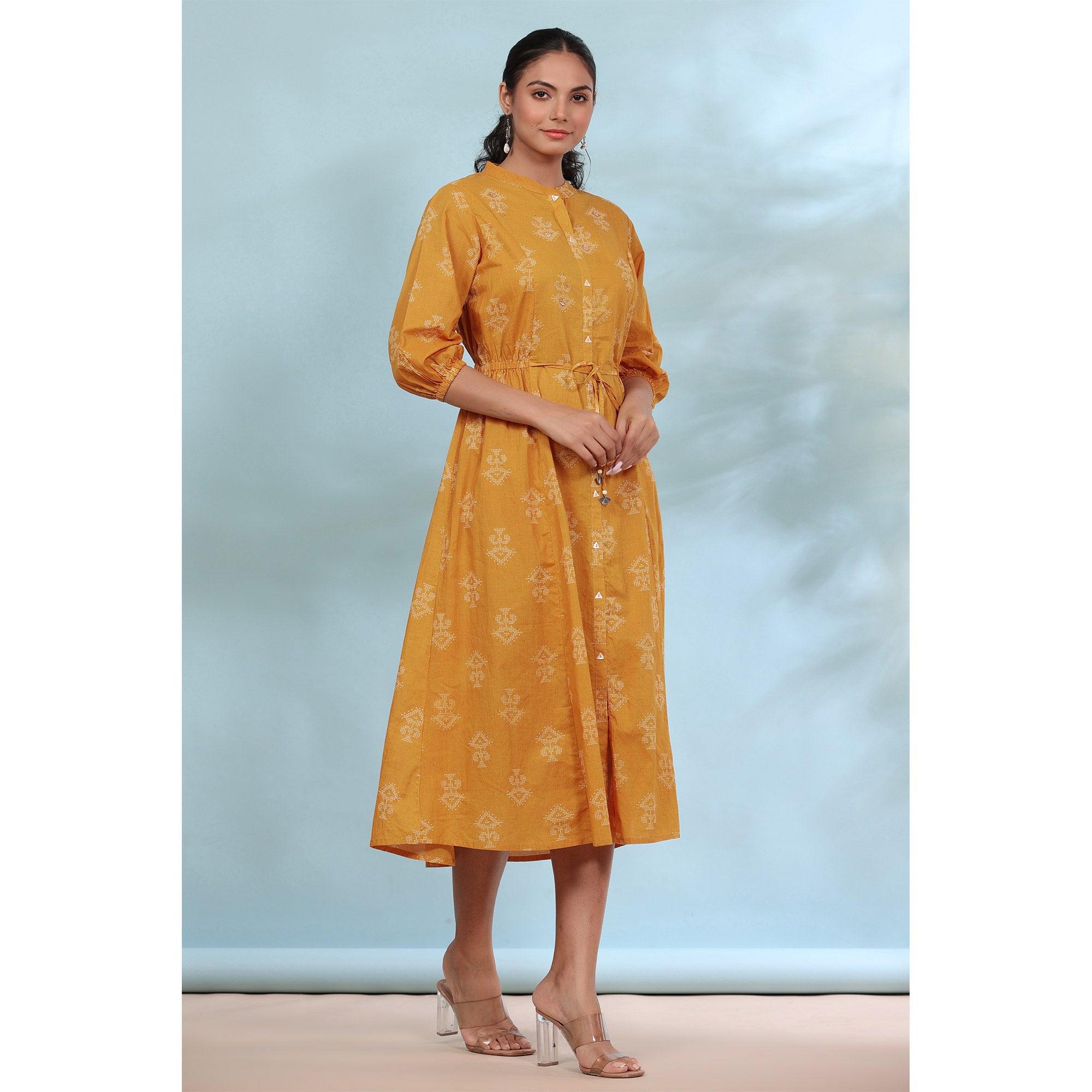 Mustard Printed Pure Cotton Dress - Peachmode