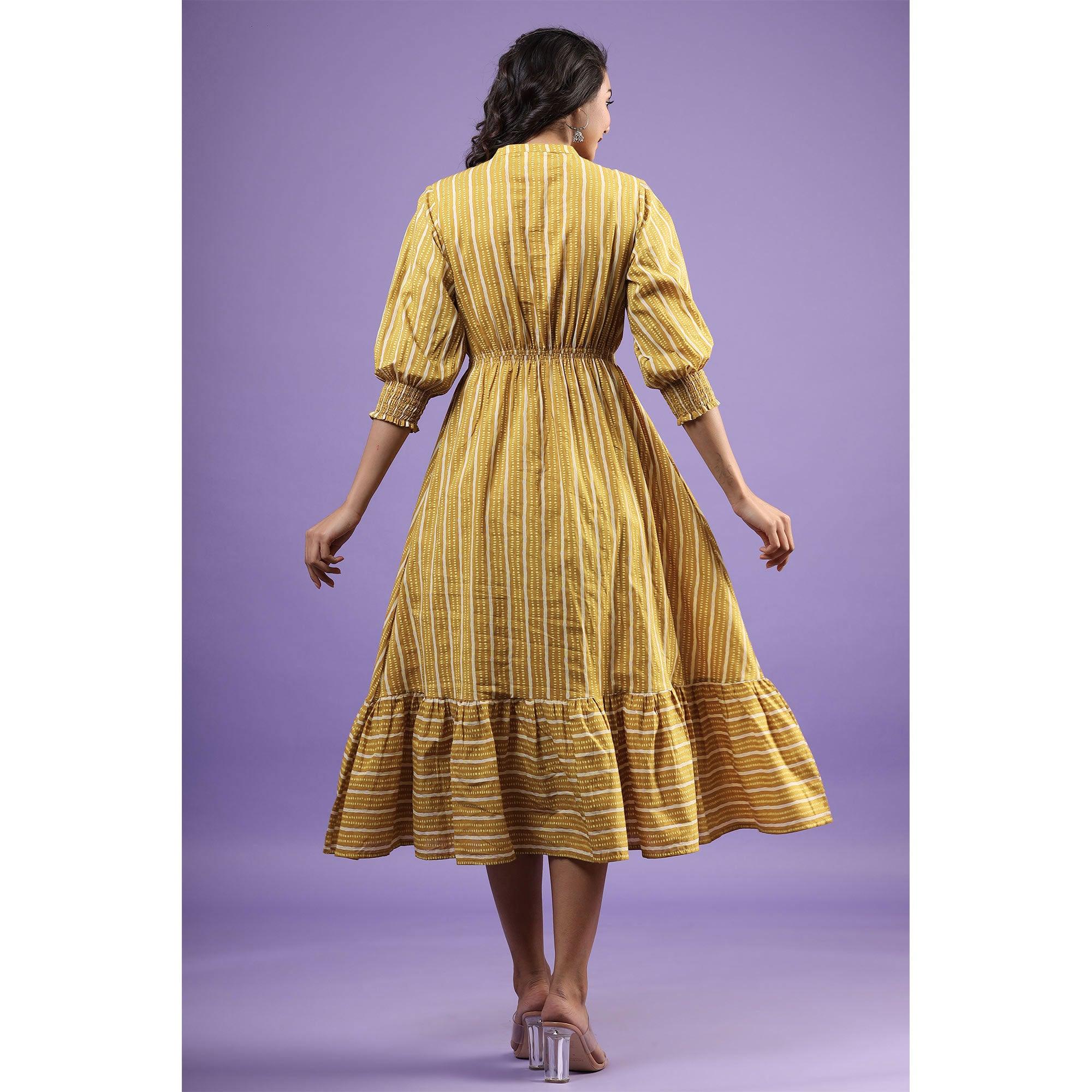 Mustard Printed Pure Cotton Dress - Peachmode