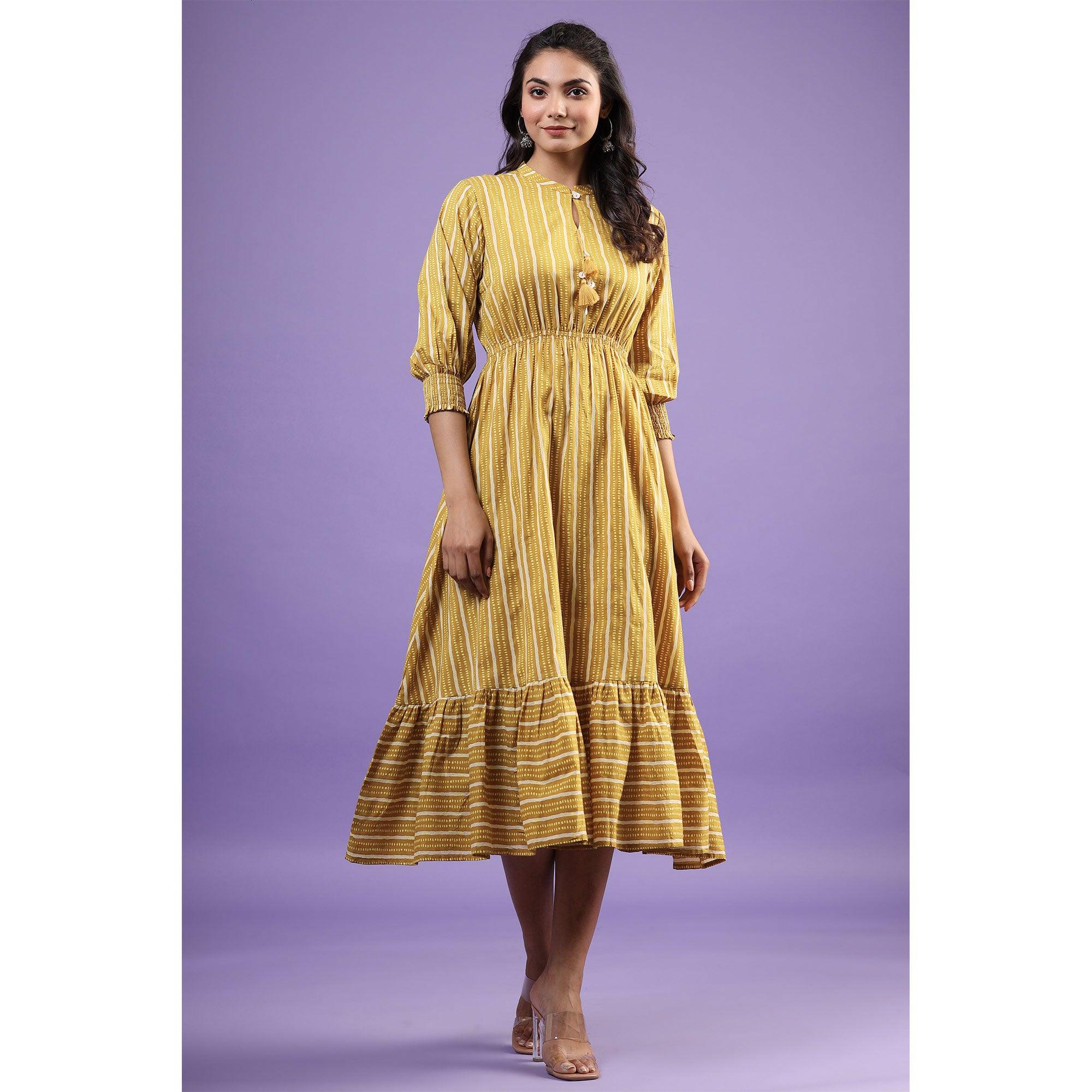 Mustard Printed Pure Cotton Dress - Peachmode
