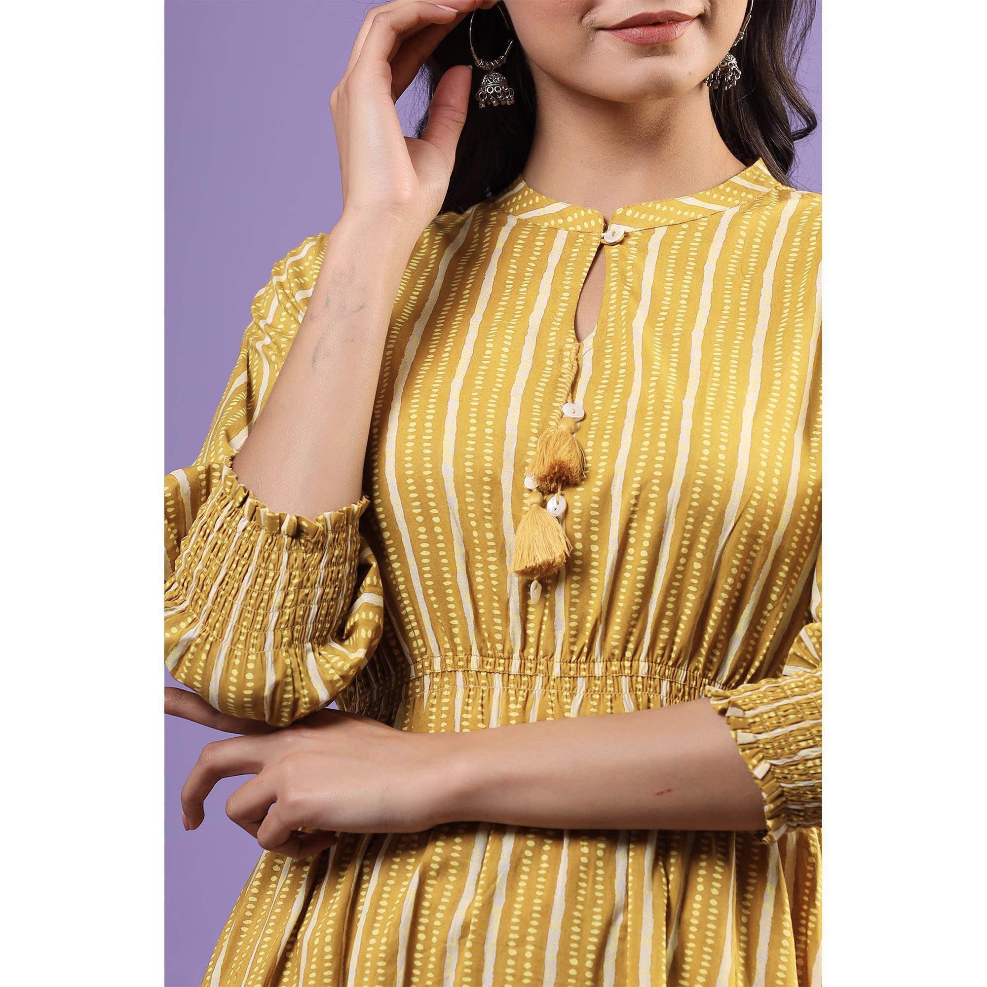 Mustard Printed Pure Cotton Dress - Peachmode