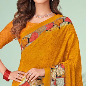 Mustard Printed Raw Silk Saree - Peachmode