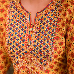 Mustard Printed Rayon Long Kurti - Peachmode