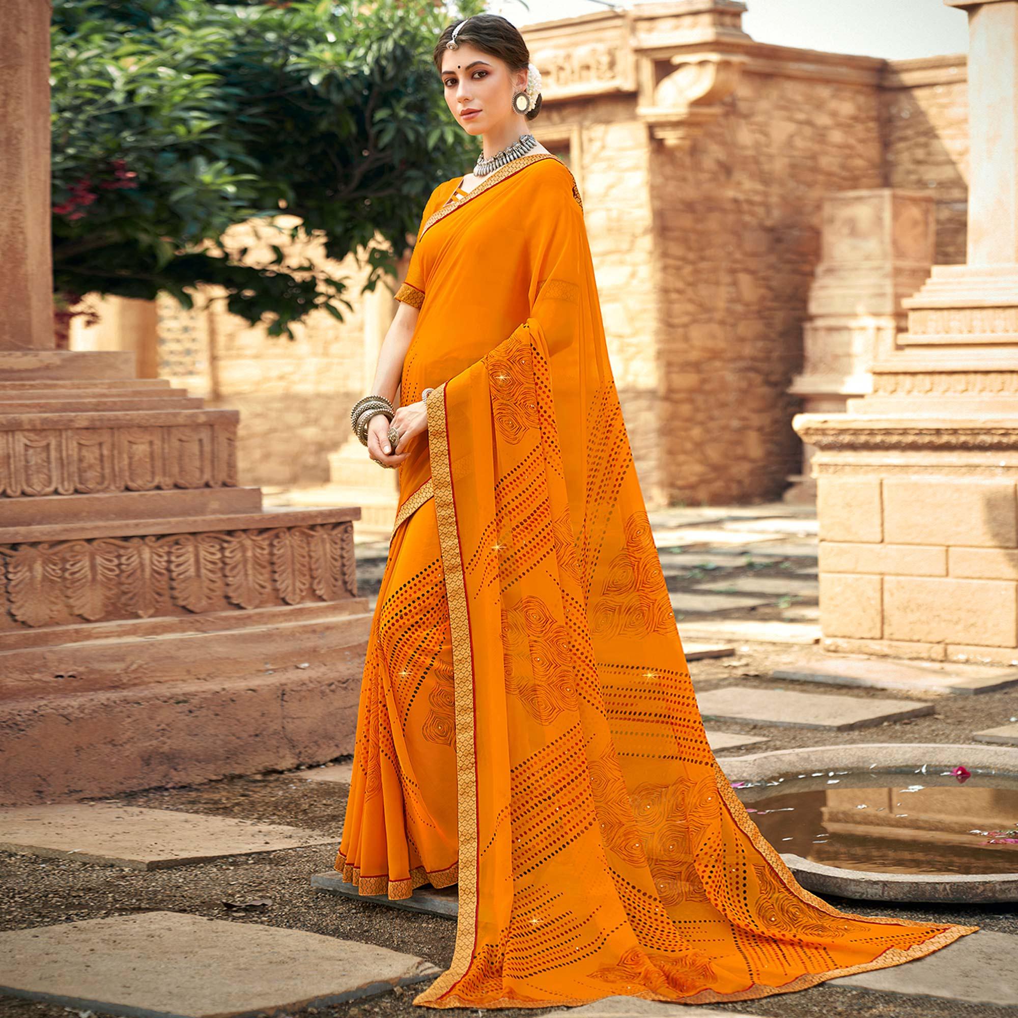 Mustard Printed-Sequins Work Georgette Saree - Peachmode