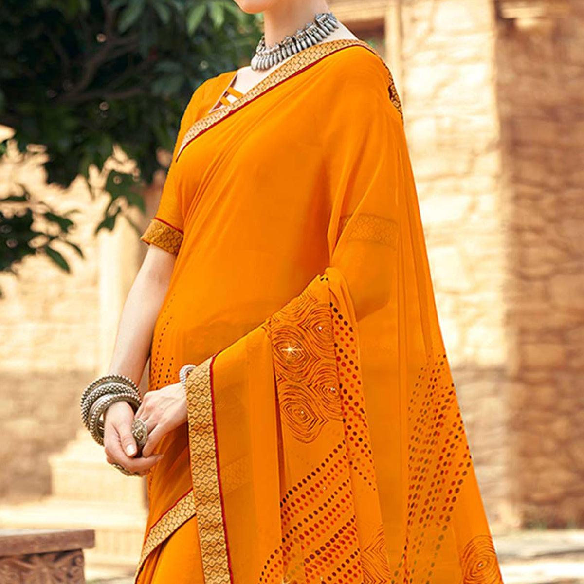 Mustard Printed-Sequins Work Georgette Saree - Peachmode