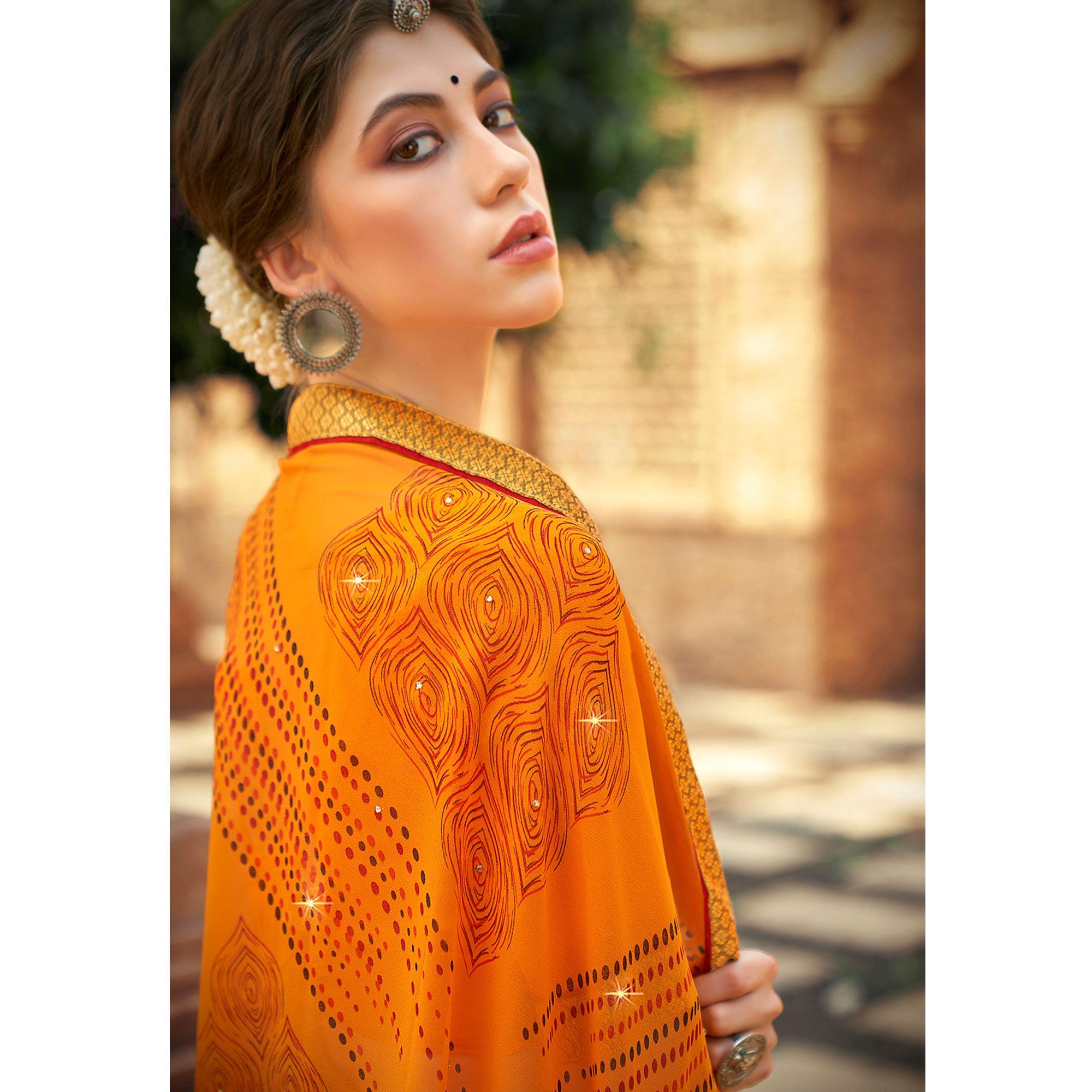 Mustard Printed-Sequins Work Georgette Saree - Peachmode