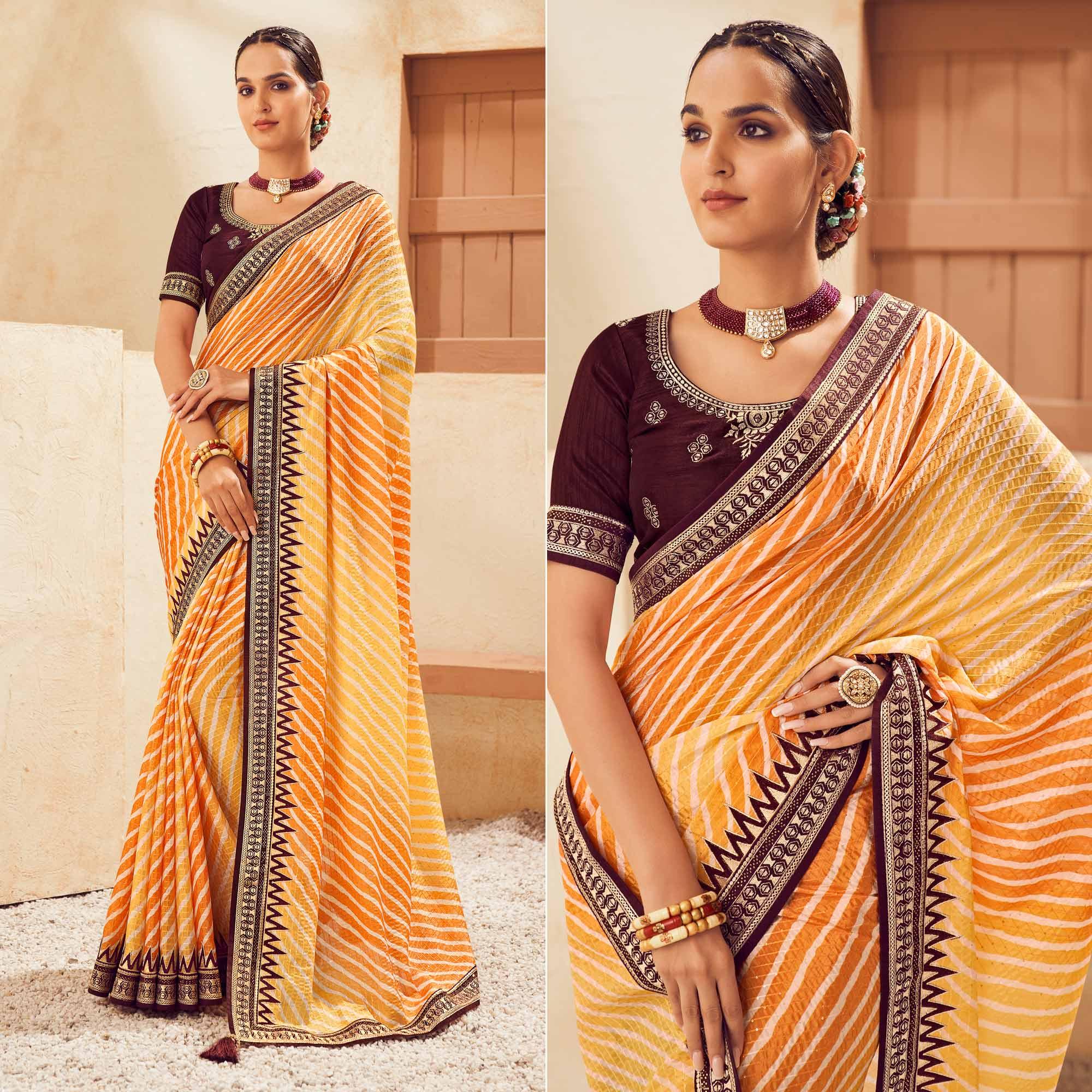 Mustard Printed With Embellished Chiffon Saree With Tassels - Peachmode