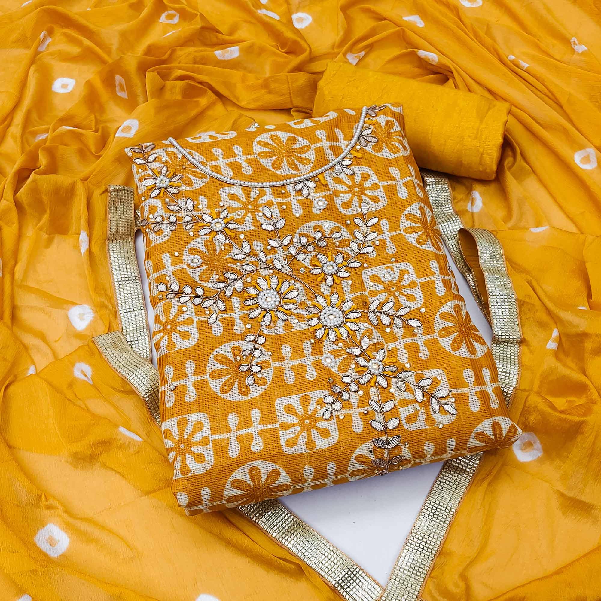 Mustard Printed With Embellished Khaadi Dress Material - Peachmode