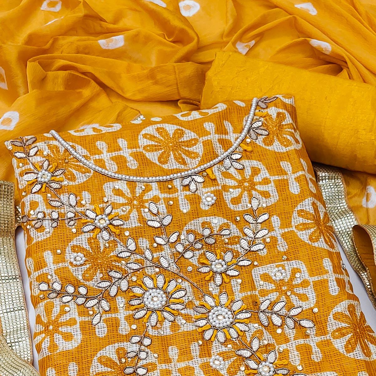 Mustard Printed With Embellished Khaadi Dress Material - Peachmode