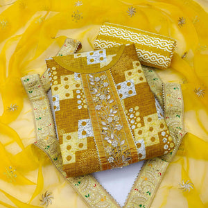 Mustard Printed With Embellished Poly Cotton Dress Material - Peachmode