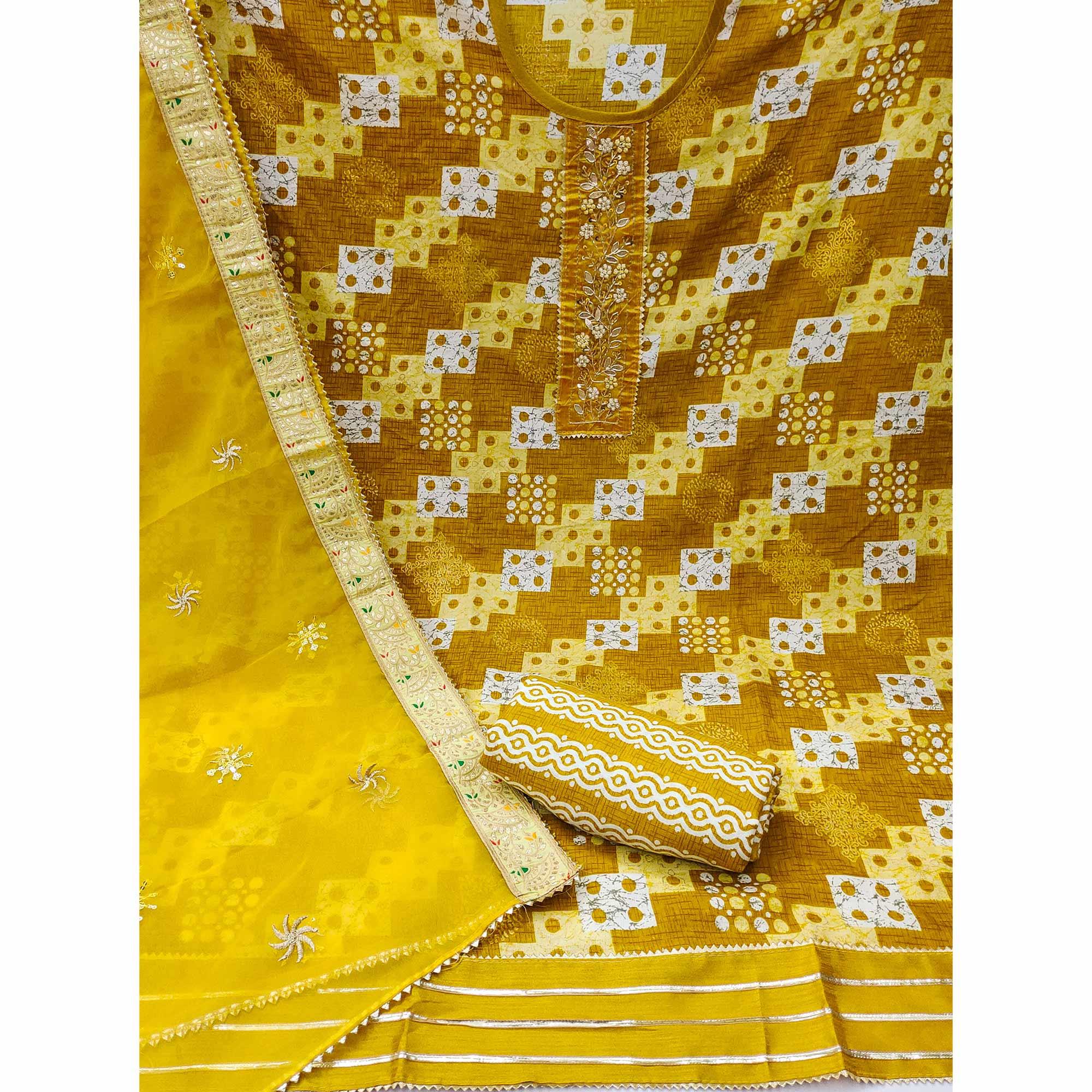 Mustard Printed With Embellished Poly Cotton Dress Material - Peachmode