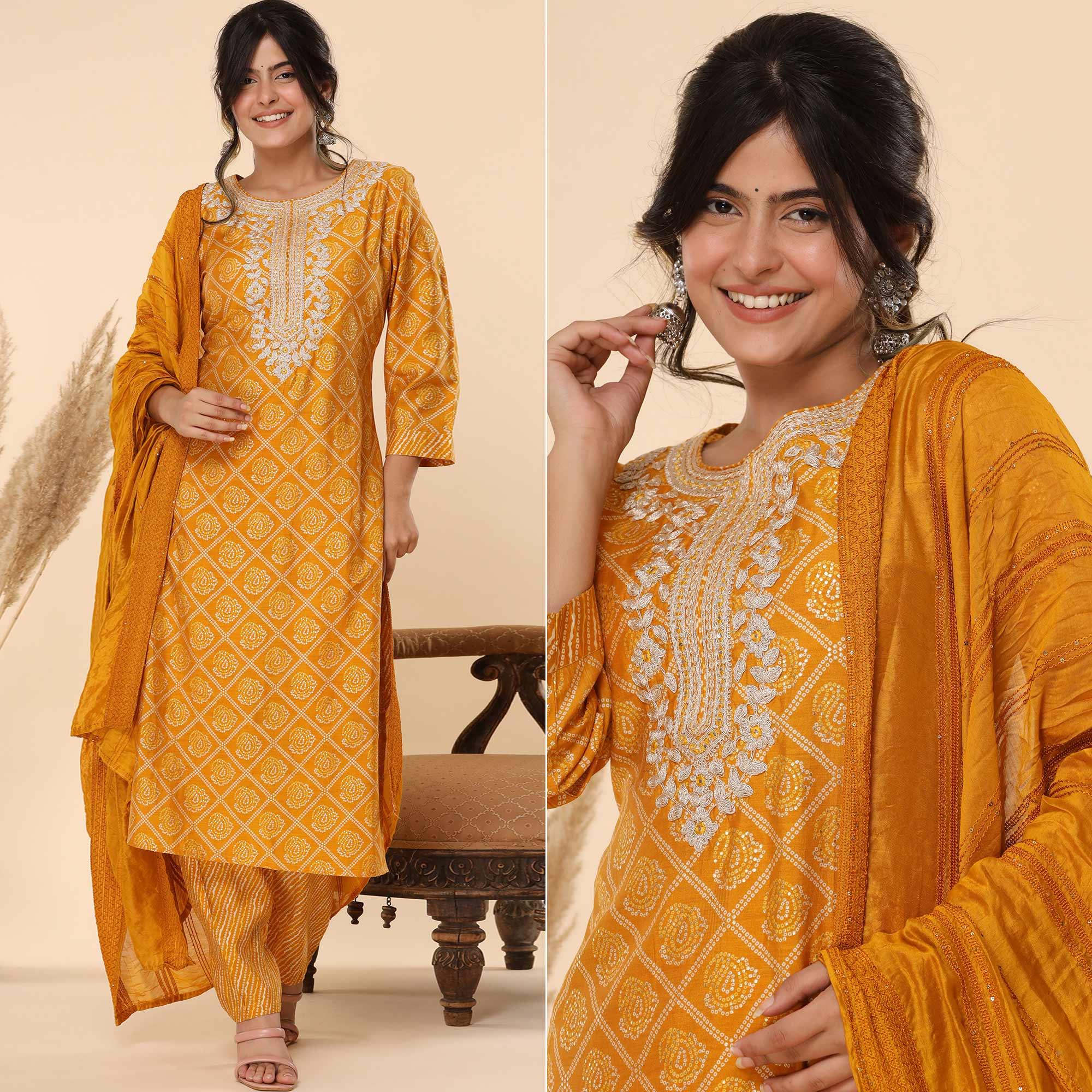 Mustard Printed With Embroidered Chanderi Kurti Pant Set With Dupatta - Peachmode