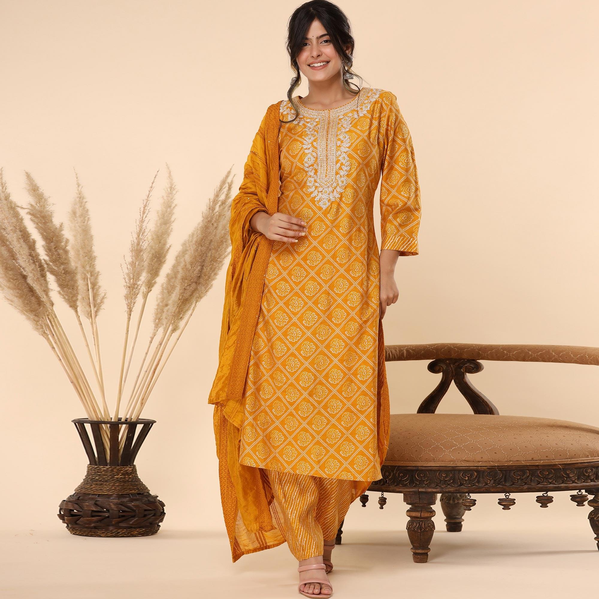 Mustard Printed With Embroidered Chanderi Kurti Pant Set With Dupatta - Peachmode