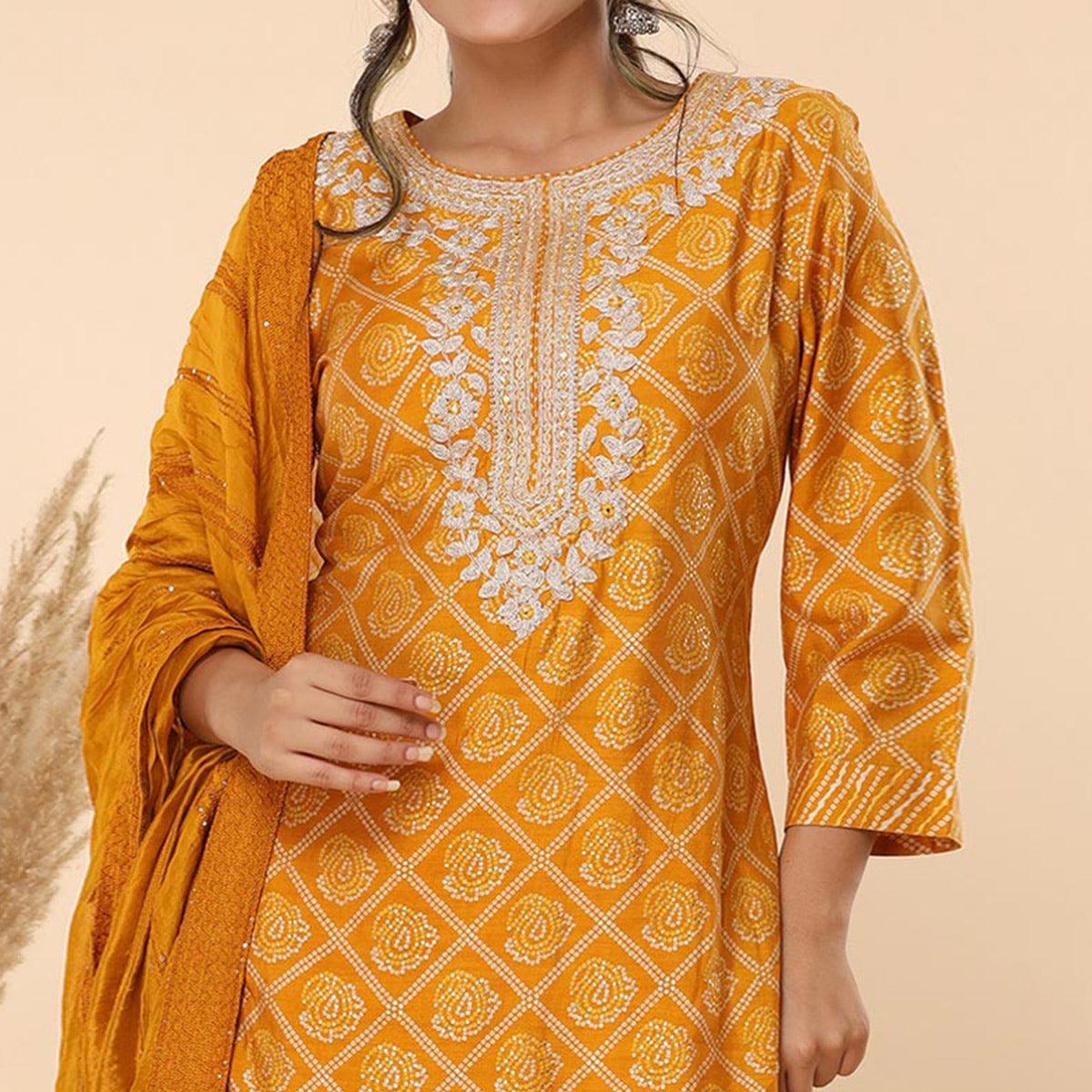 Mustard Printed With Embroidered Chanderi Kurti Pant Set With Dupatta - Peachmode