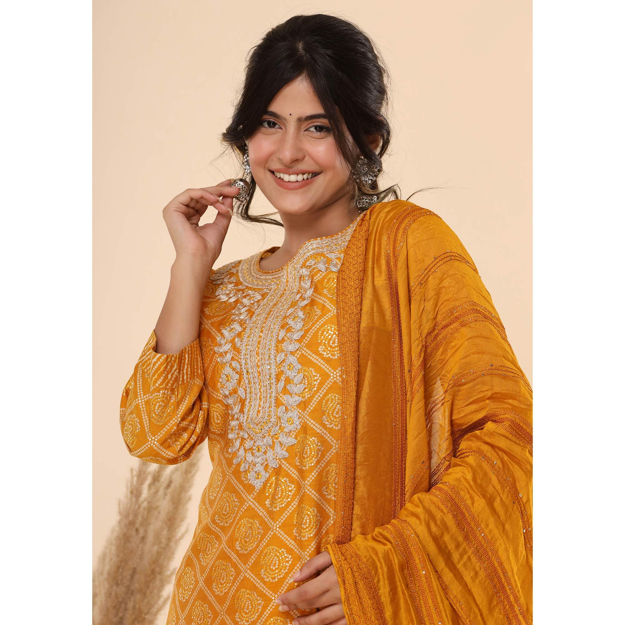Mustard Printed With Embroidered Chanderi Kurti Pant Set With Dupatta - Peachmode