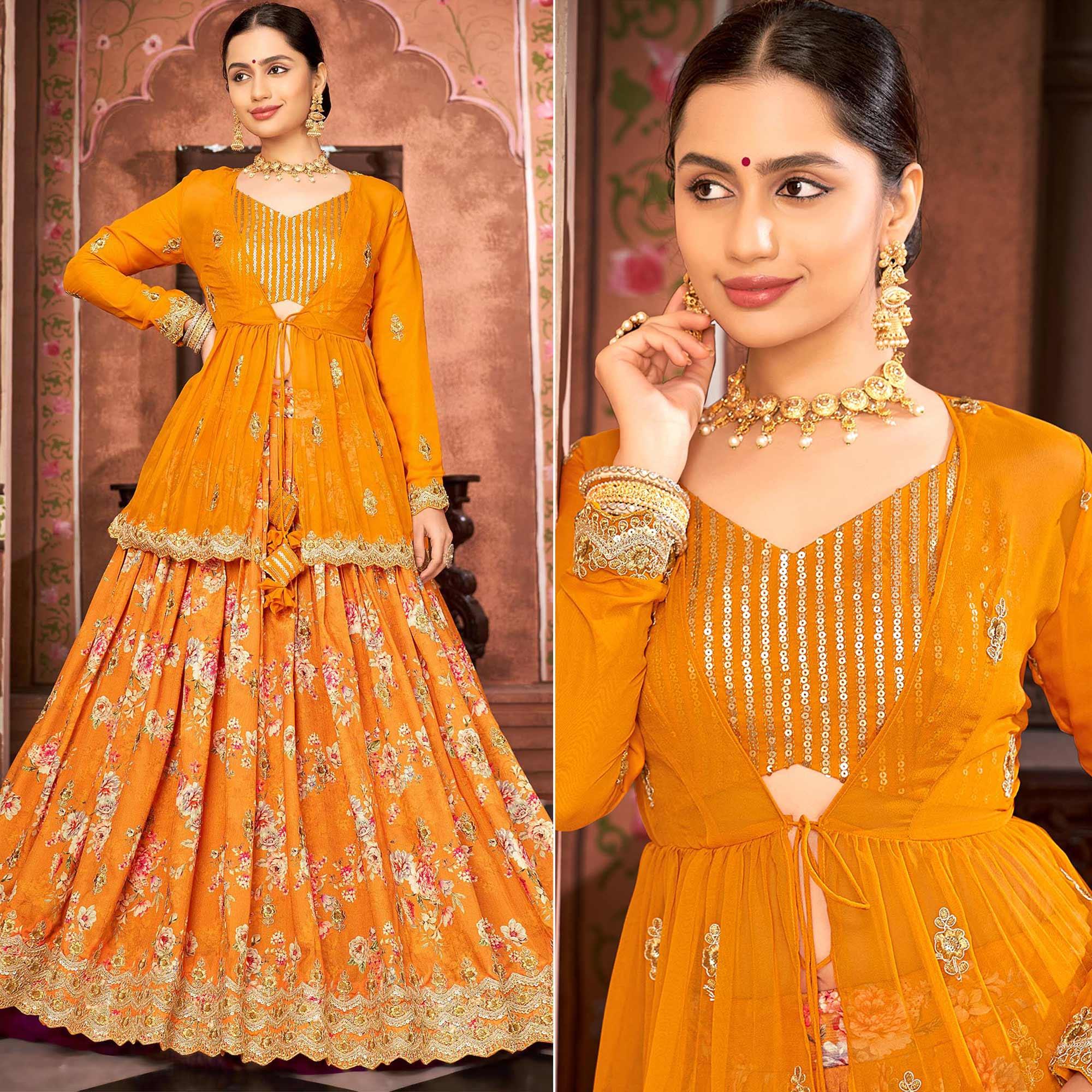 Mustard Printed With Embroidered Chiffon Lehenga Choli With Koti - Peachmode