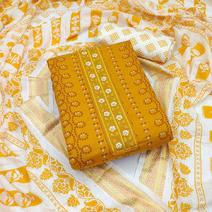 Mustard Printed With Embroidered Cotton Blend Dress Material - Peachmode
