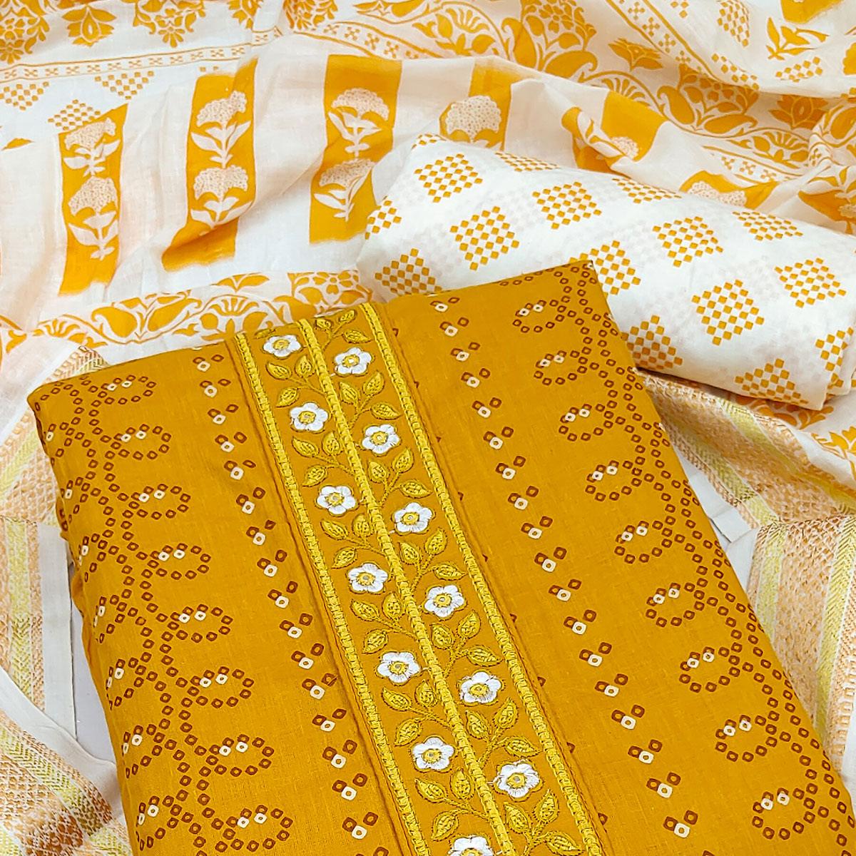 Mustard Printed With Embroidered Cotton Blend Dress Material - Peachmode