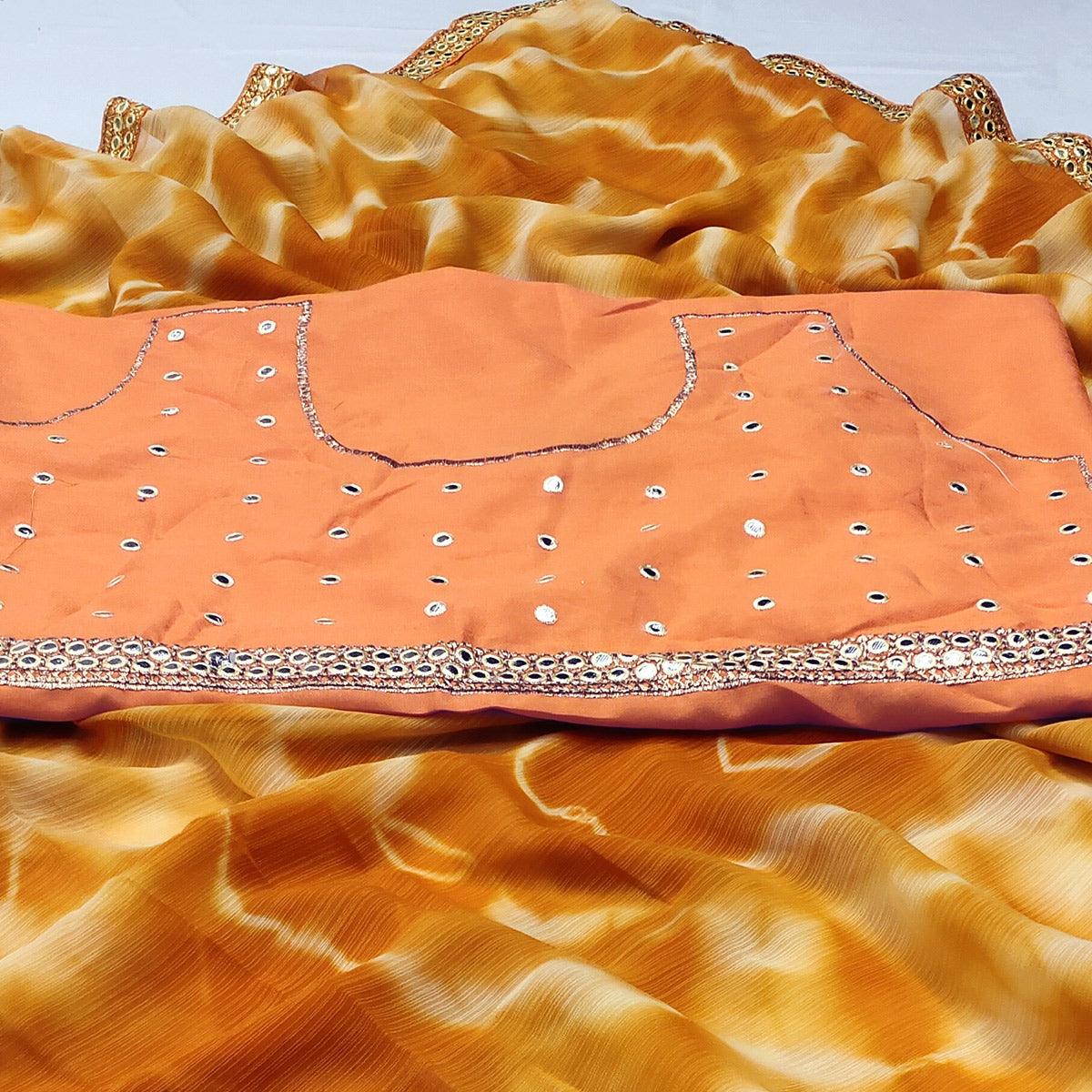 Mustard Printed With Fancy Mirror Border Georgette Saree - Peachmode