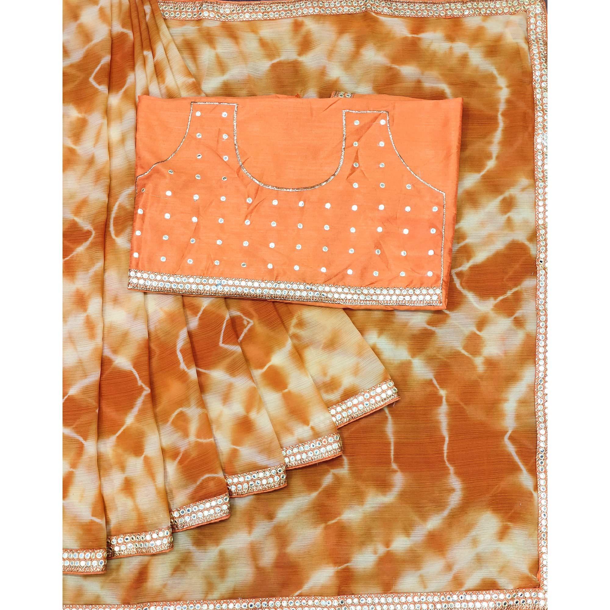 Mustard Printed With Fancy Mirror Border Georgette Saree - Peachmode