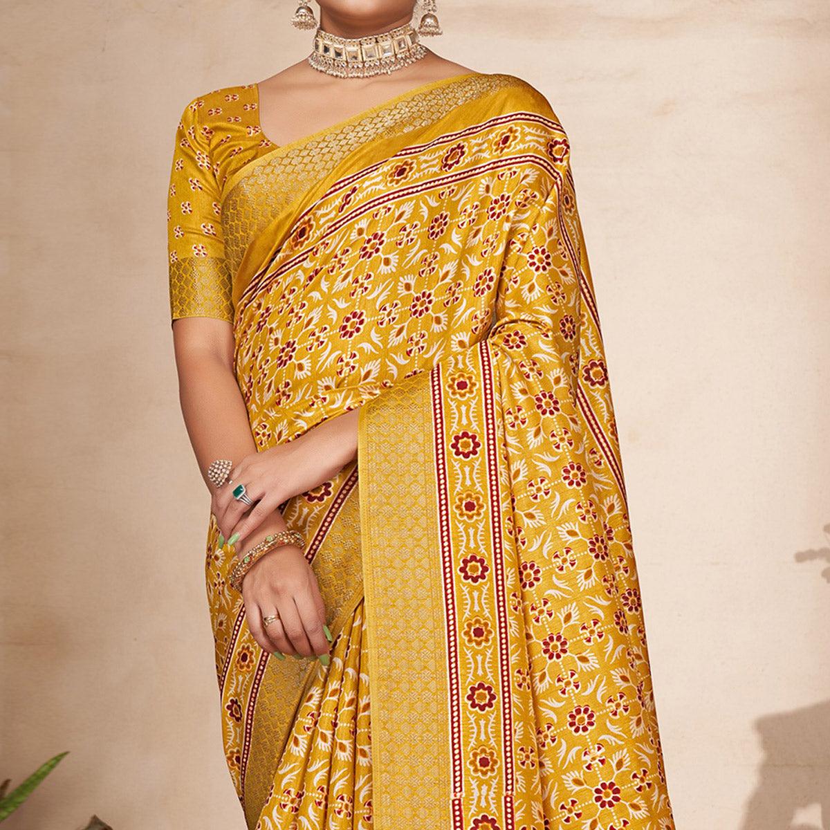 Mustard Printed-Woven Dola Silk Saree With Tassels - Peachmode