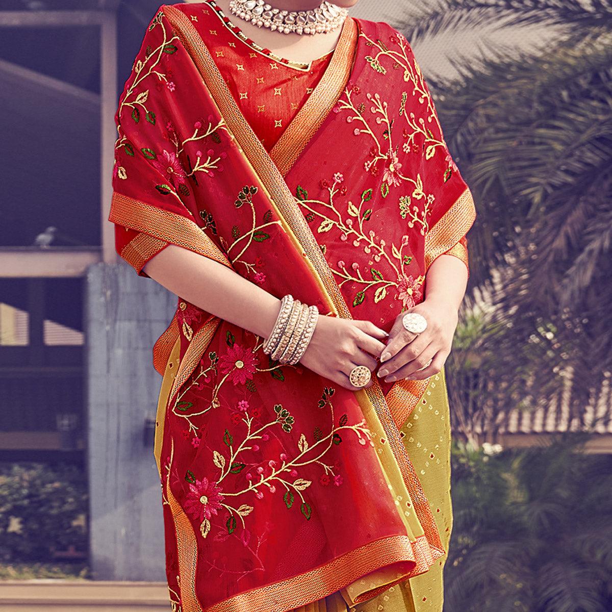 Mustard - Red Floral Embroidered With Foil Printed Chiffon Half & Half Saree - Peachmode