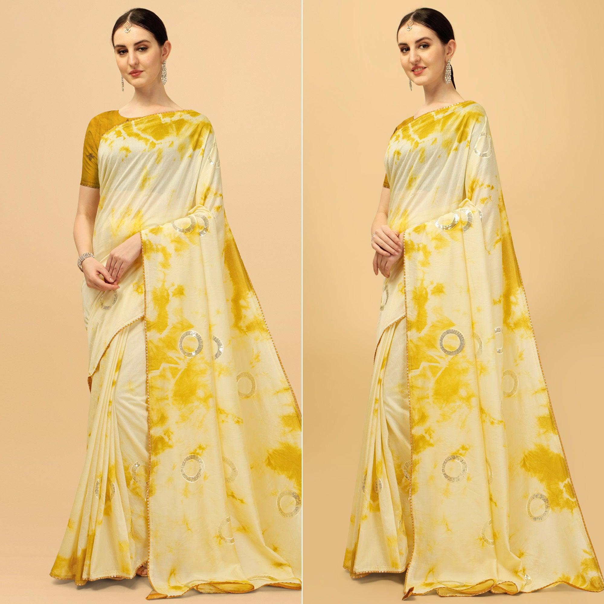 Mustard Sequence Embroidered Chanderi Saree - Peachmode
