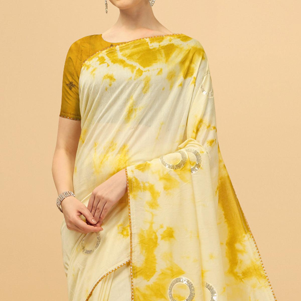 Mustard Sequence Embroidered Chanderi Saree - Peachmode
