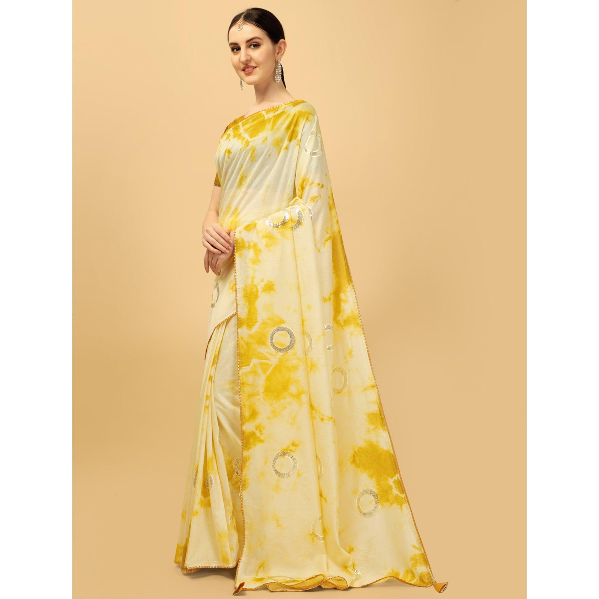 Mustard Sequence Embroidered Chanderi Saree - Peachmode