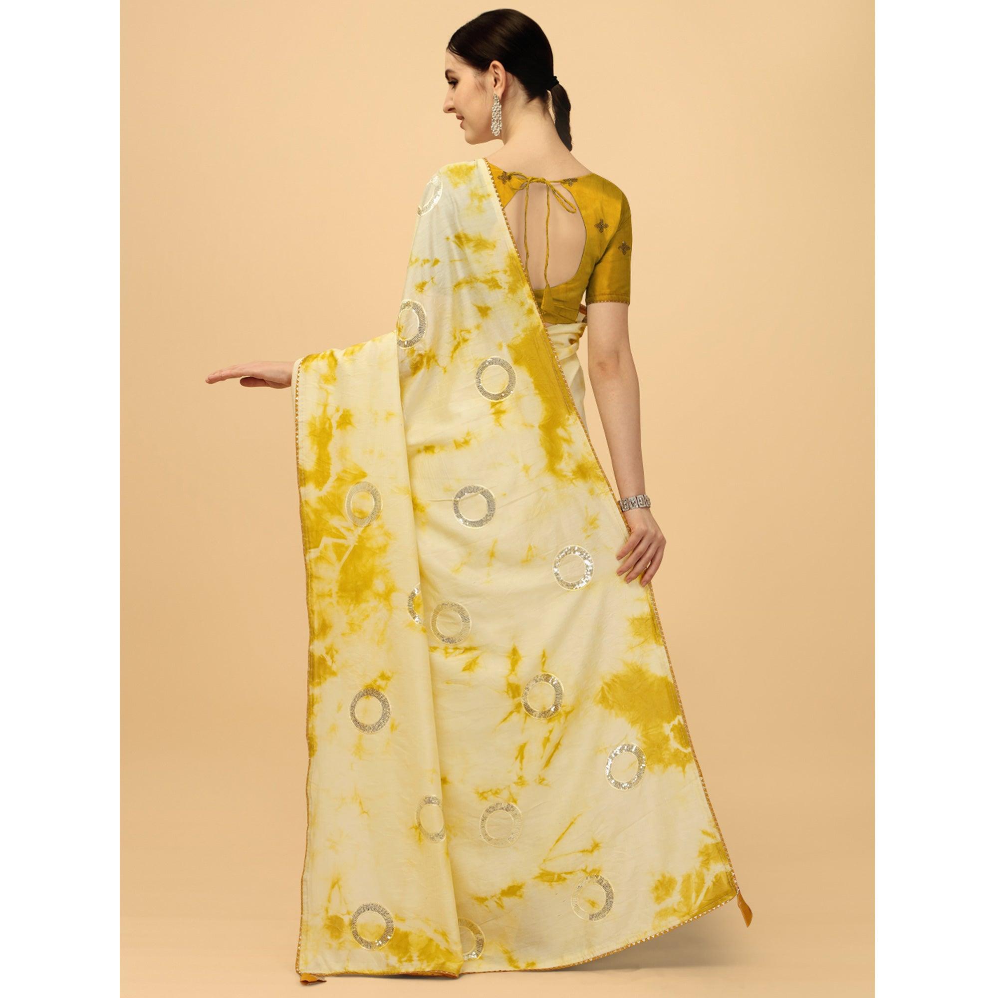 Mustard Sequence Embroidered Chanderi Saree - Peachmode