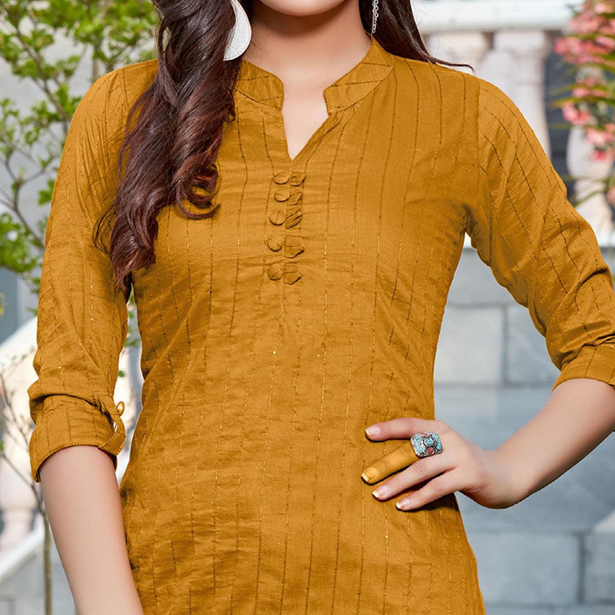 Mustard Sequence Embroidered Cotton Silk Top - Peachmode
