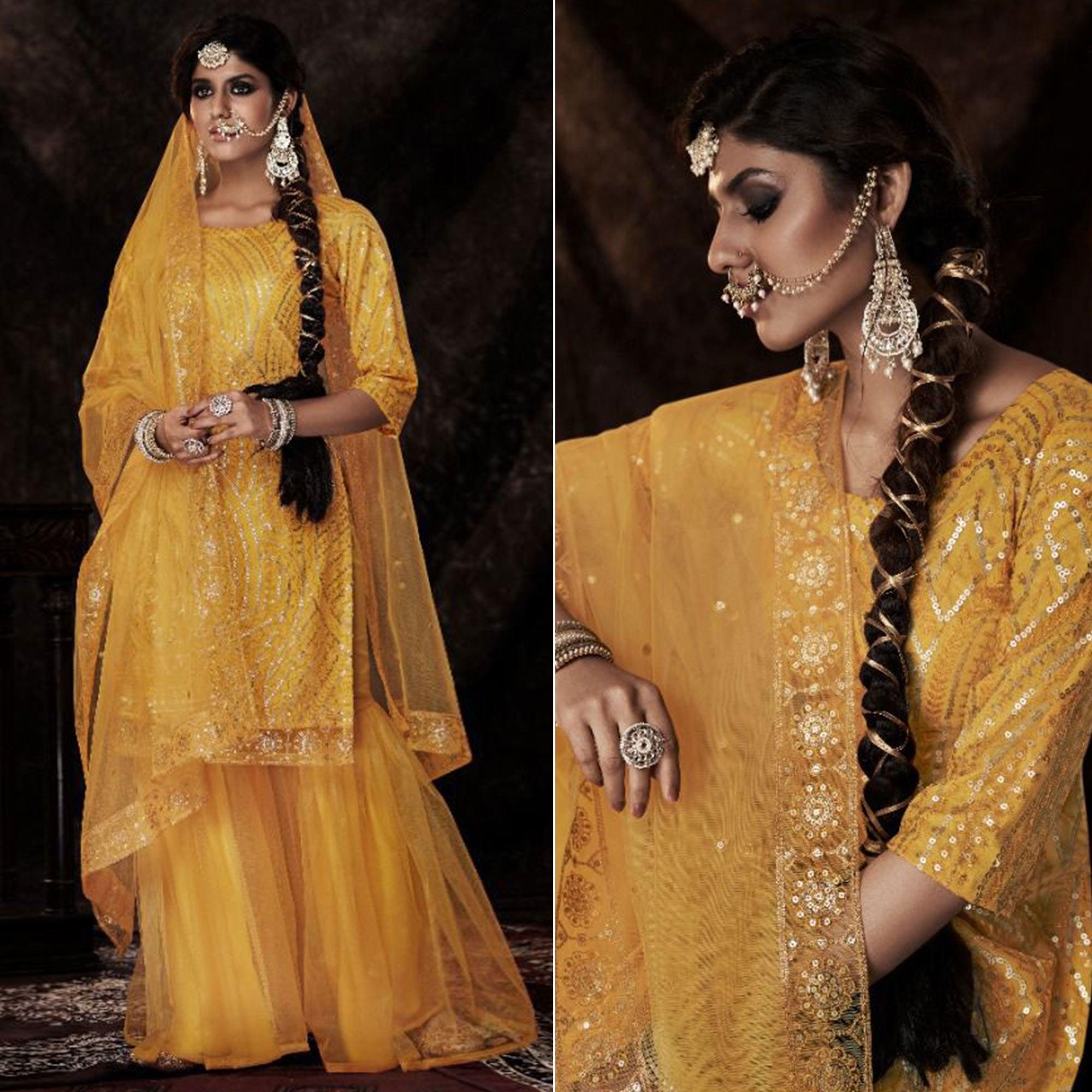 Mustard Sequence Embroidered Netted Palazzo Suit - Peachmode