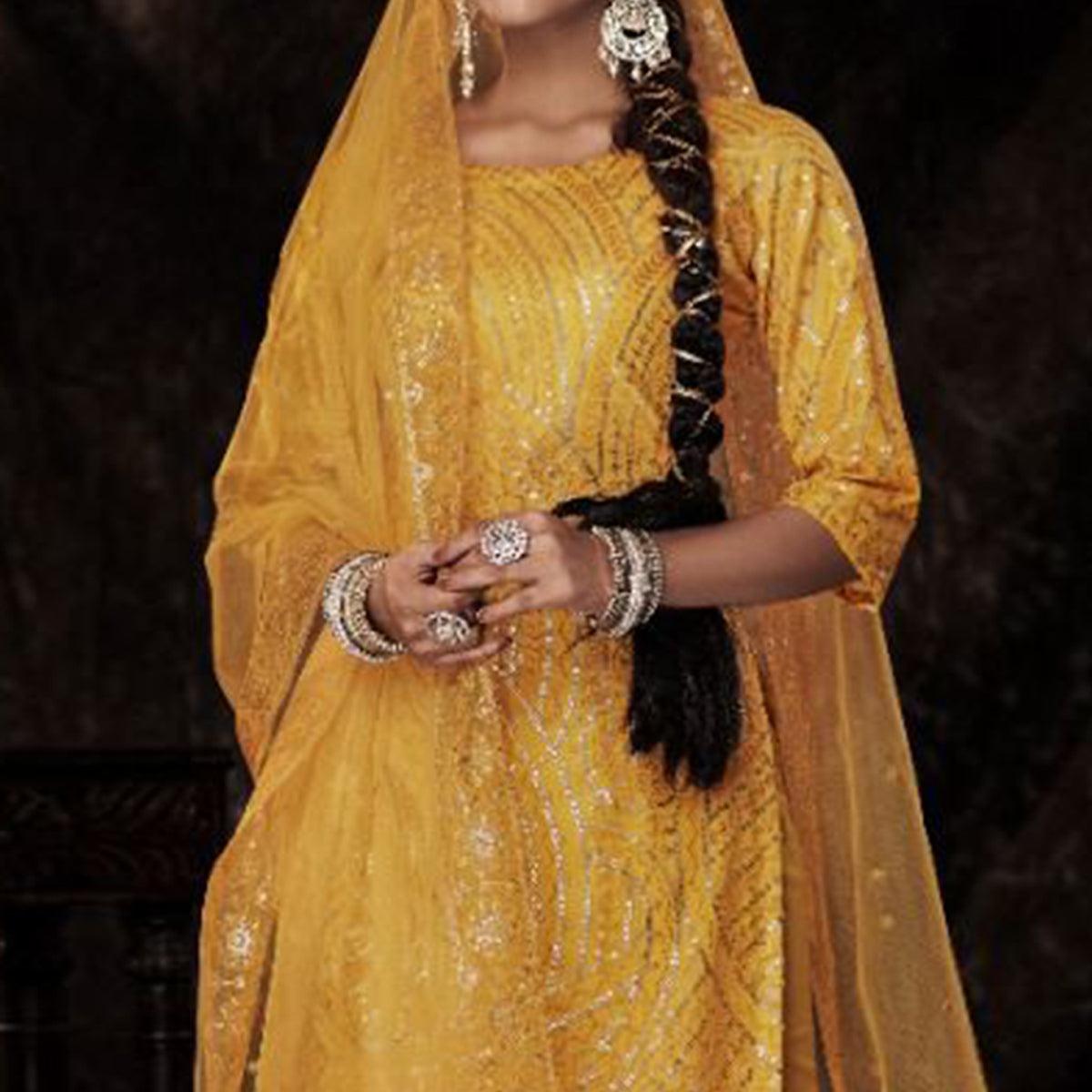 Mustard Sequence Embroidered Netted Palazzo Suit - Peachmode