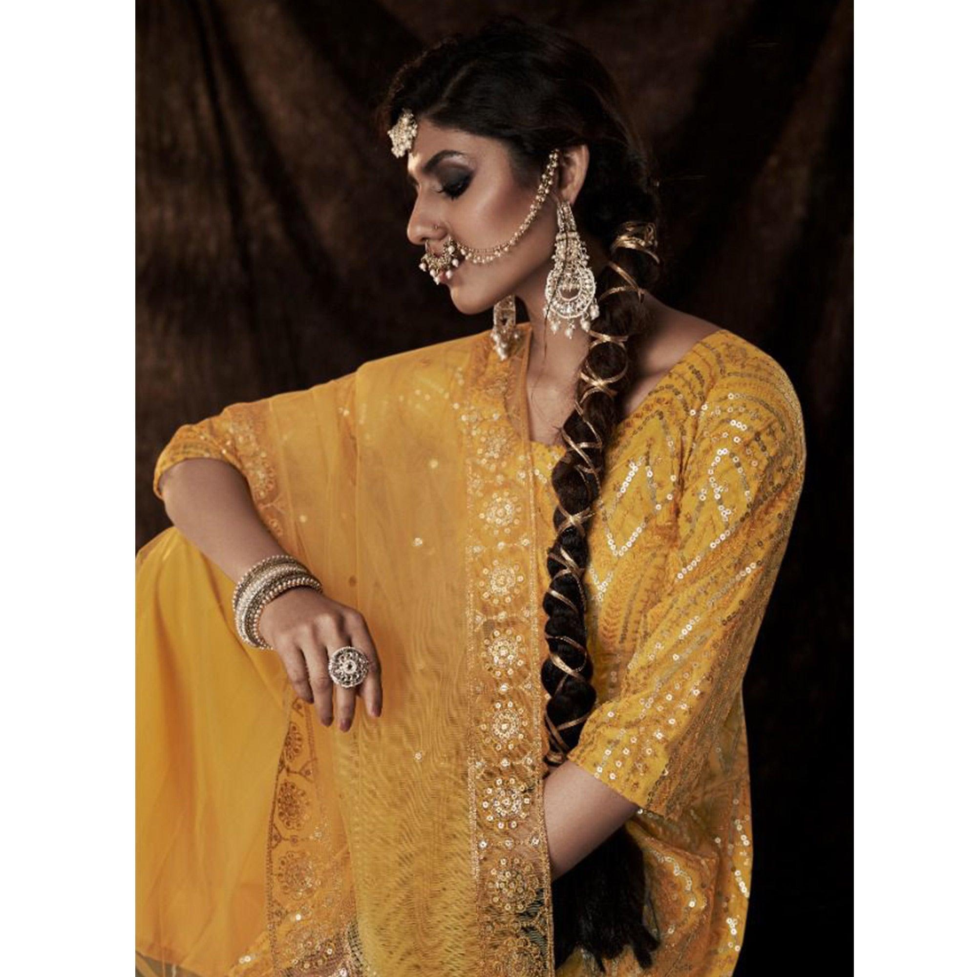 Mustard Sequence Embroidered Netted Palazzo Suit - Peachmode