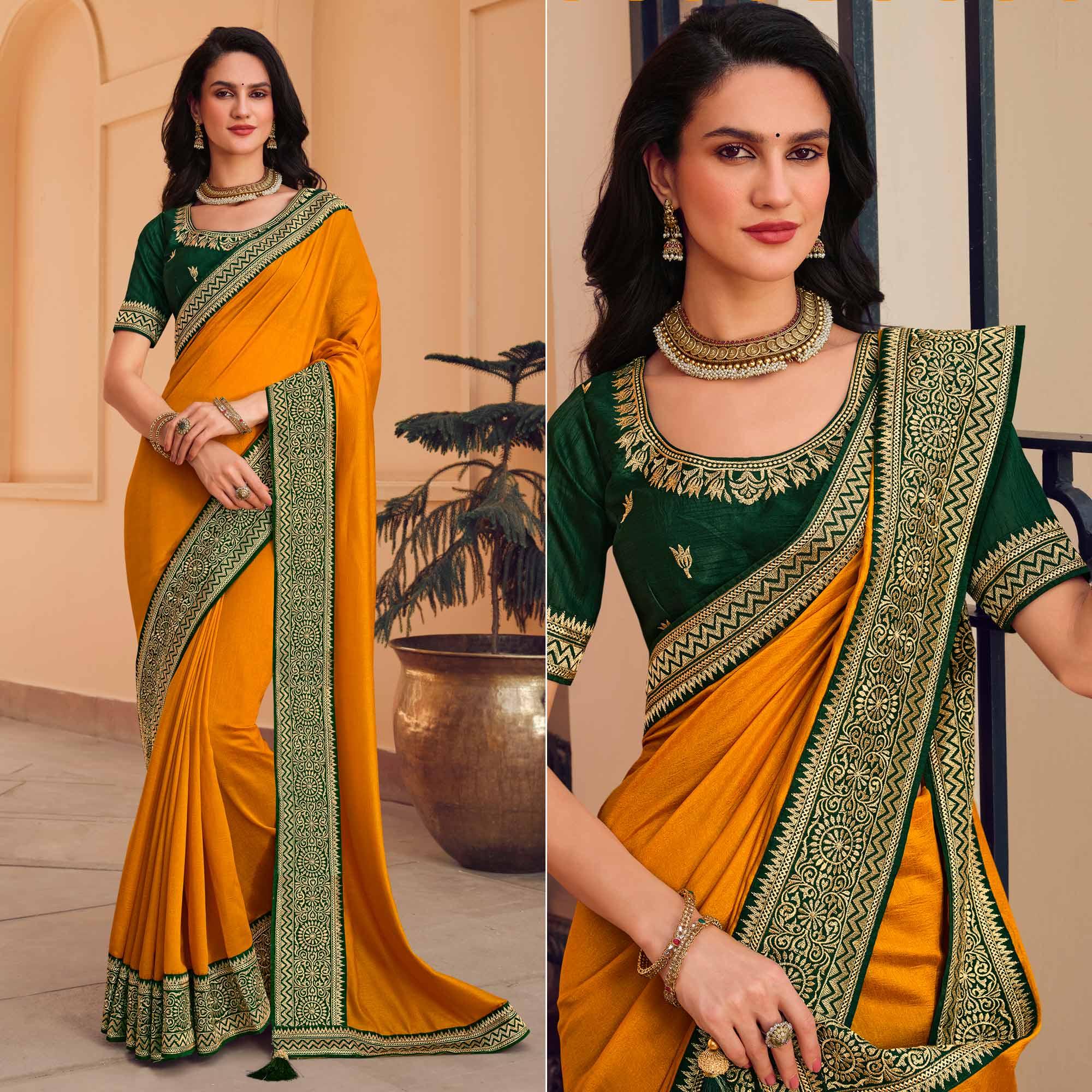 Mustard Solid Vichitra Silk Saree With Tassels - Peachmode