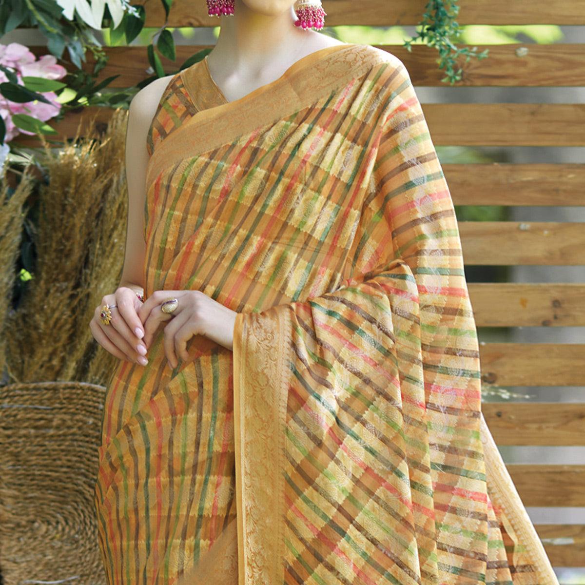 Mustard Striped Printed Art Silk Saree With Tassels - Peachmode