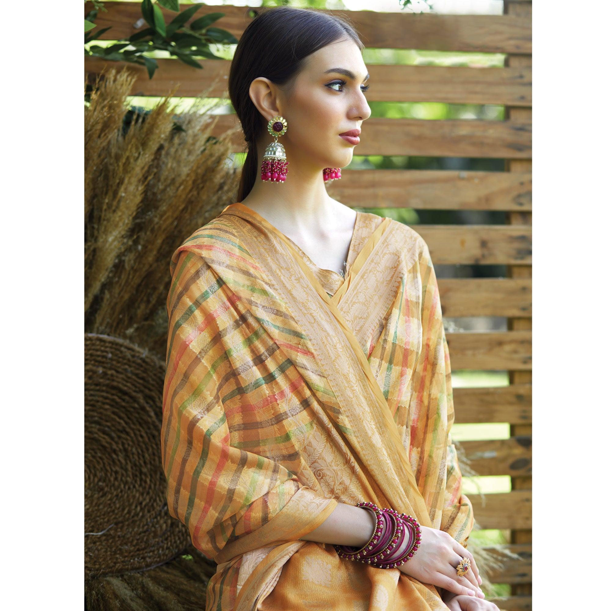Mustard Striped Printed Art Silk Saree With Tassels - Peachmode