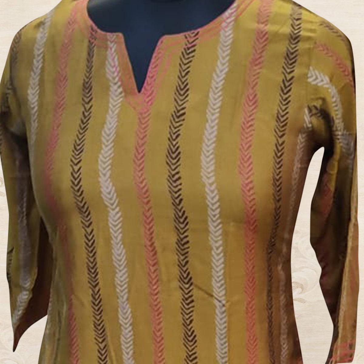 Mustard Striped Printed Muslin Top - Peachmode