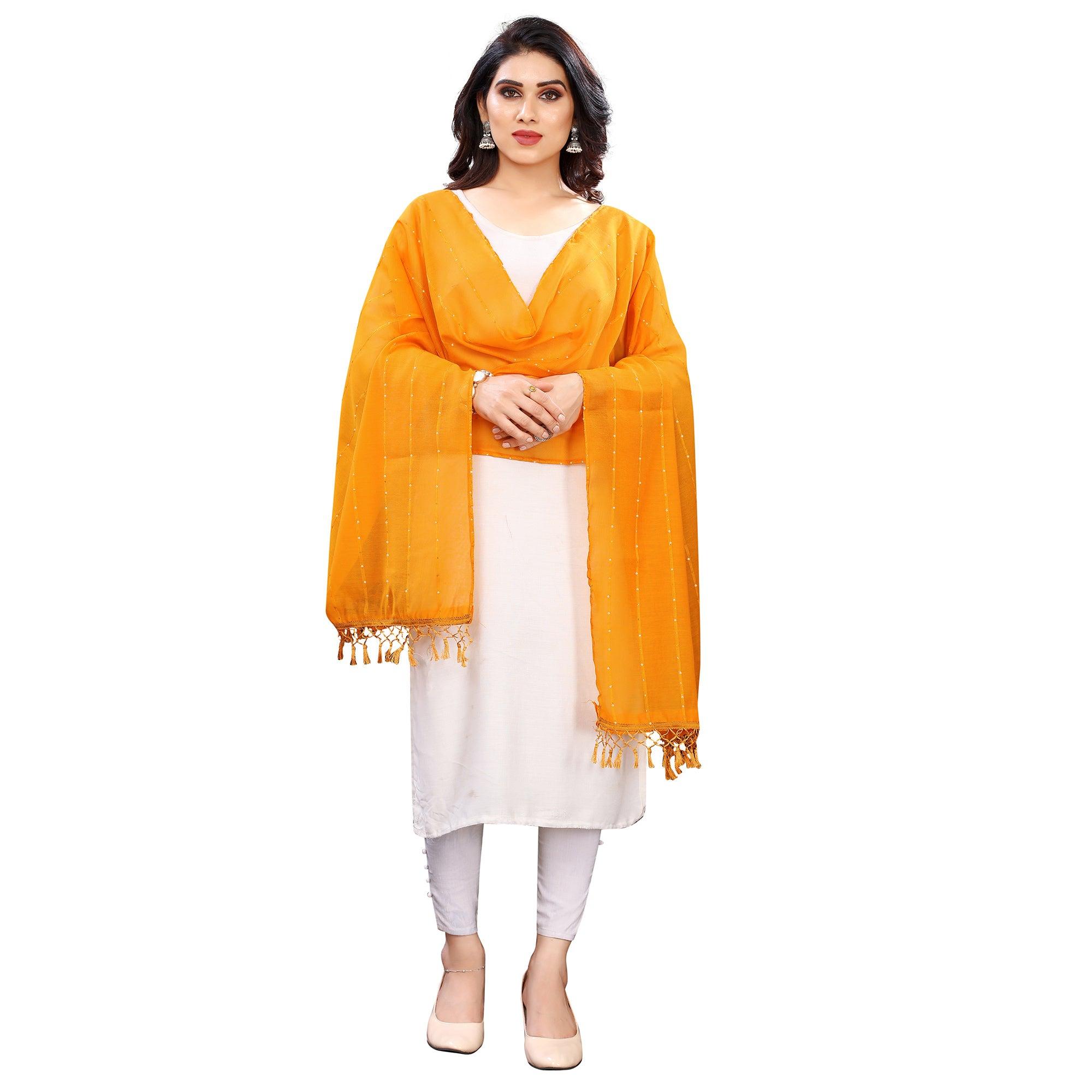 Mustard Stripes Woven Sequence Festive Wear Cotton Silk Dupatta - Peachmode