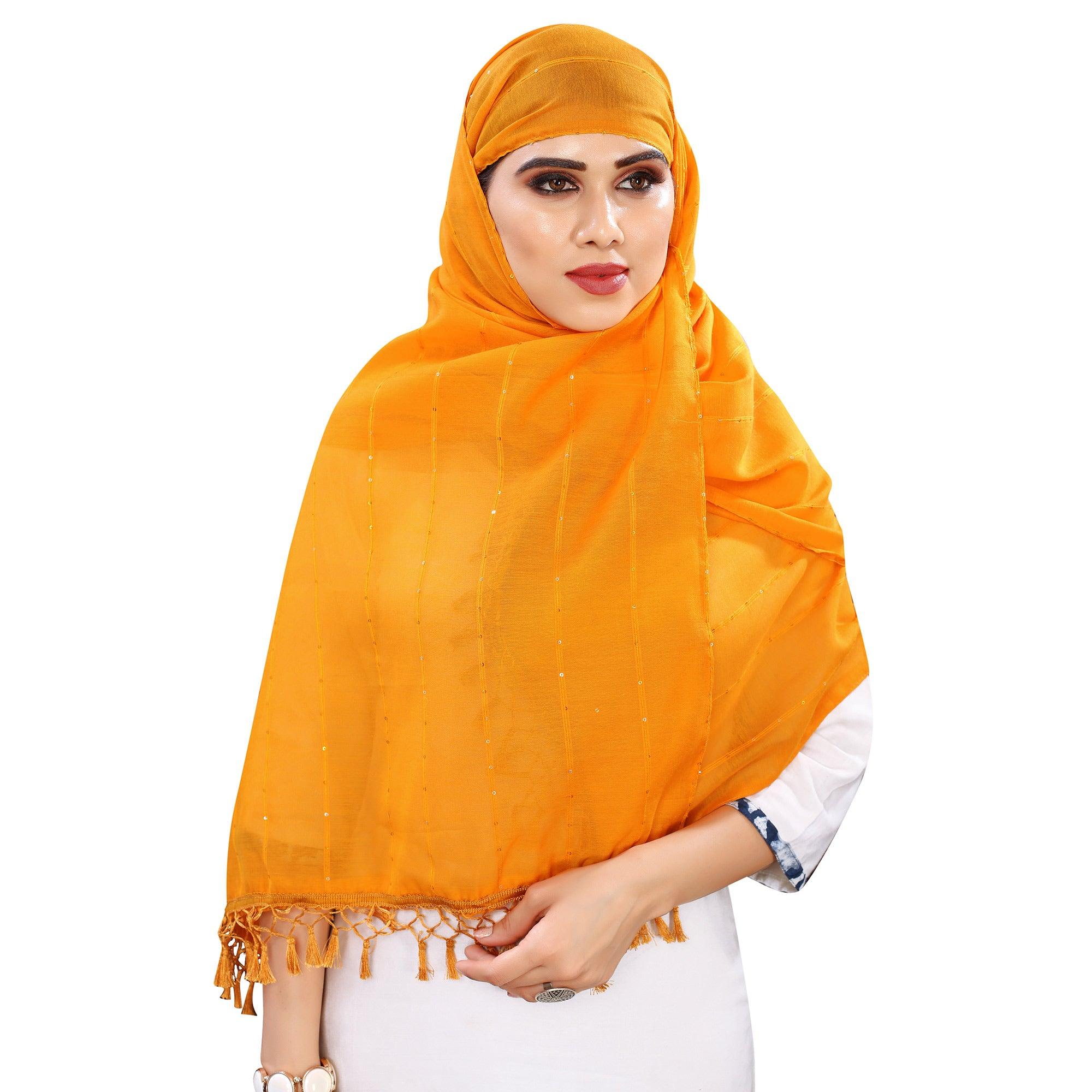 Mustard Stripes Woven Sequence Festive Wear Cotton Silk Dupatta - Peachmode