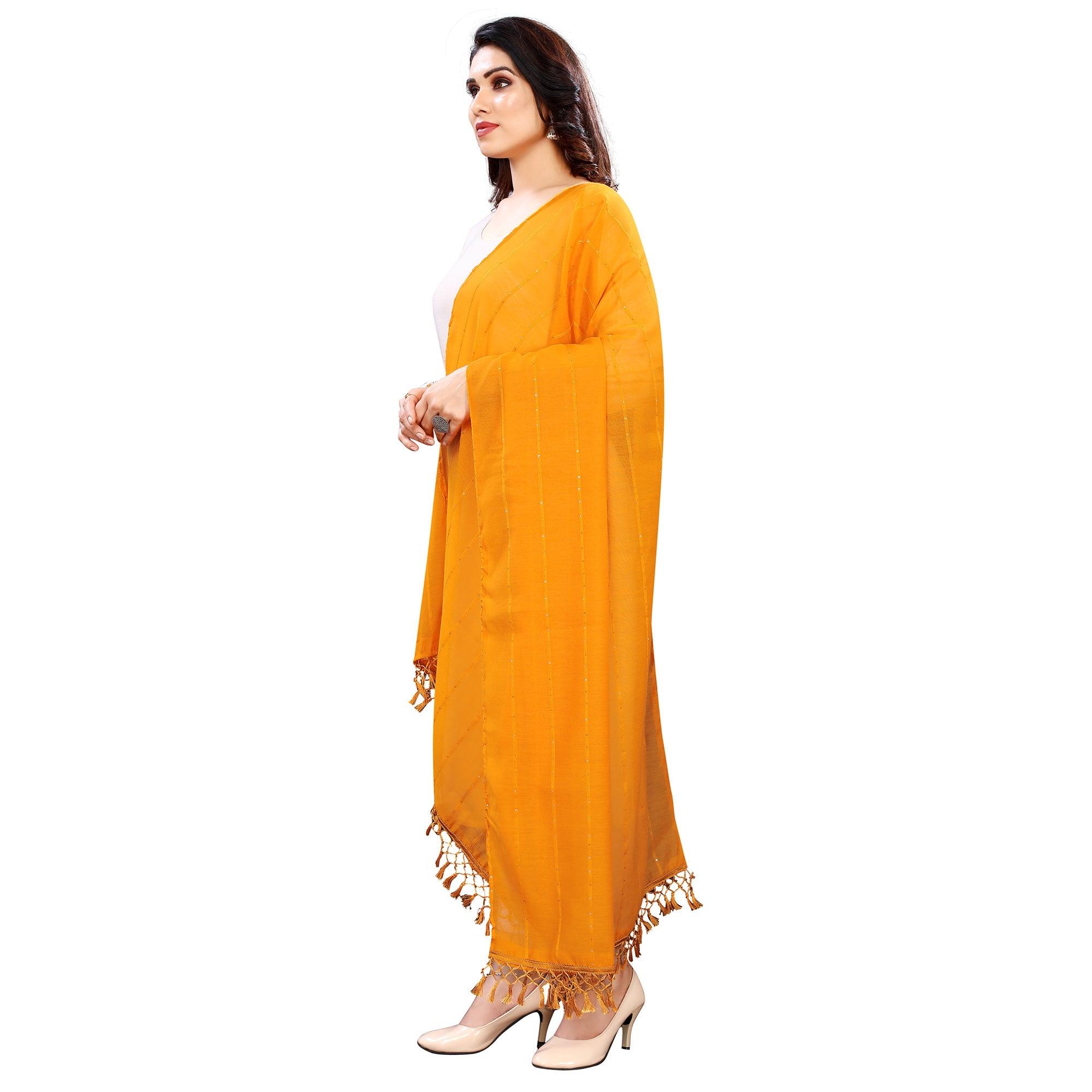 Mustard Stripes Woven Sequence Festive Wear Cotton Silk Dupatta - Peachmode