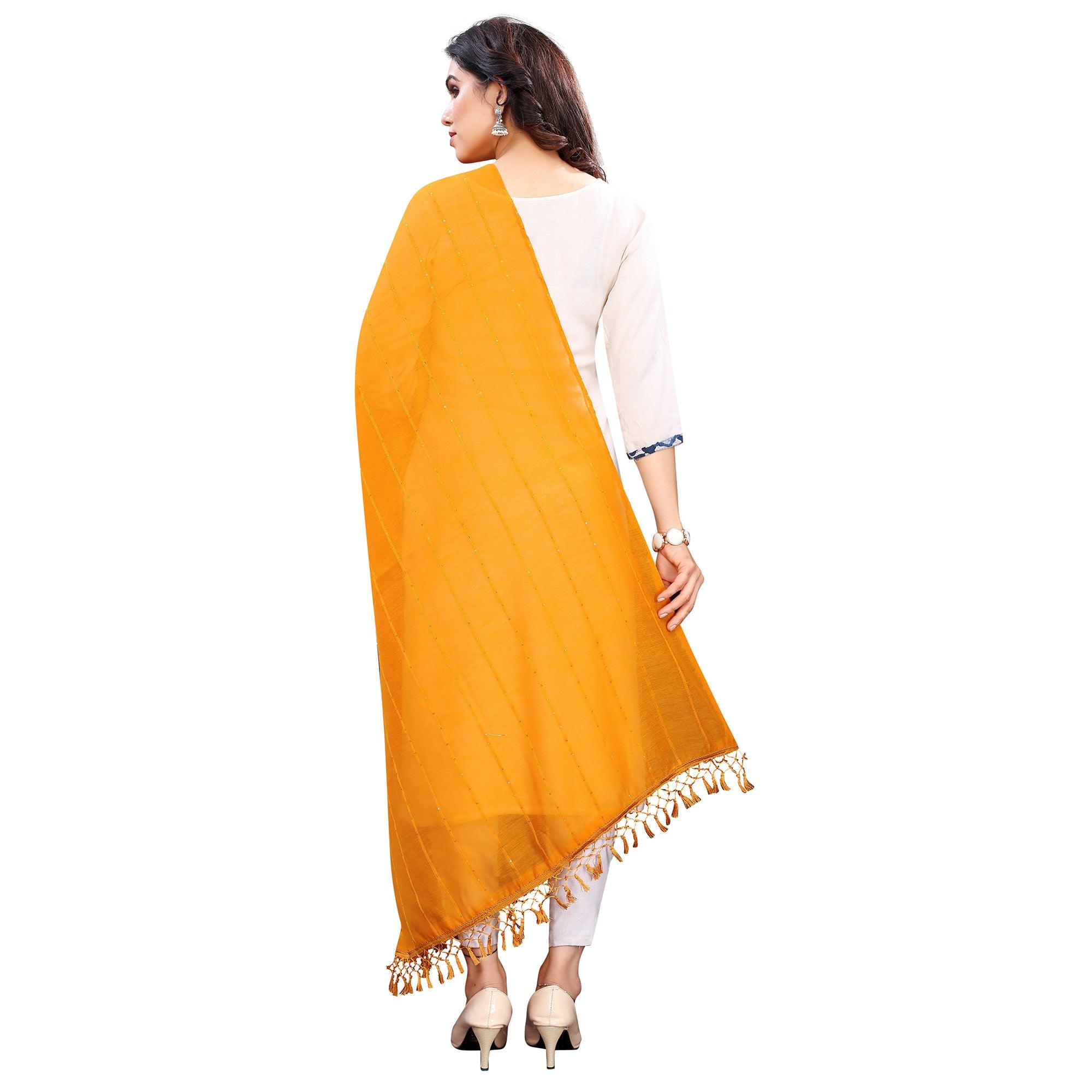 Mustard Stripes Woven Sequence Festive Wear Cotton Silk Dupatta - Peachmode