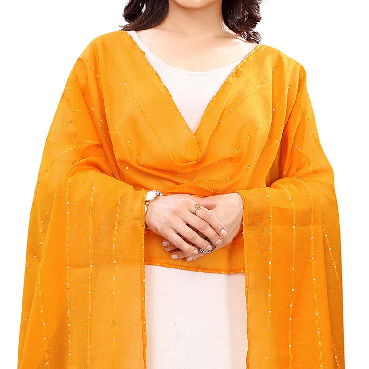 Mustard Stripes Woven Sequence Festive Wear Cotton Silk Dupatta - Peachmode