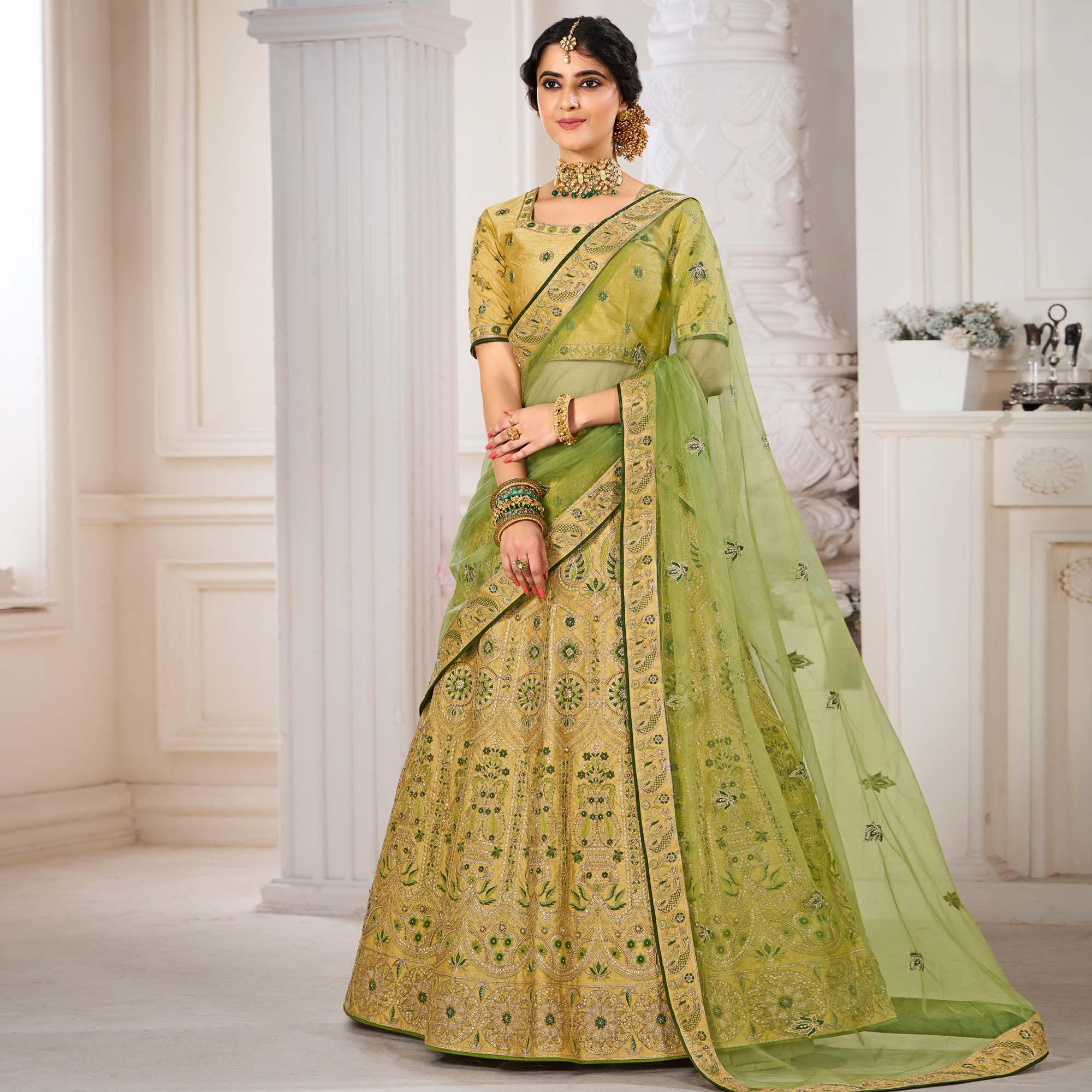 Mustard Wedding Wear Embroidered Silk Lehenga Choli - Peachmode