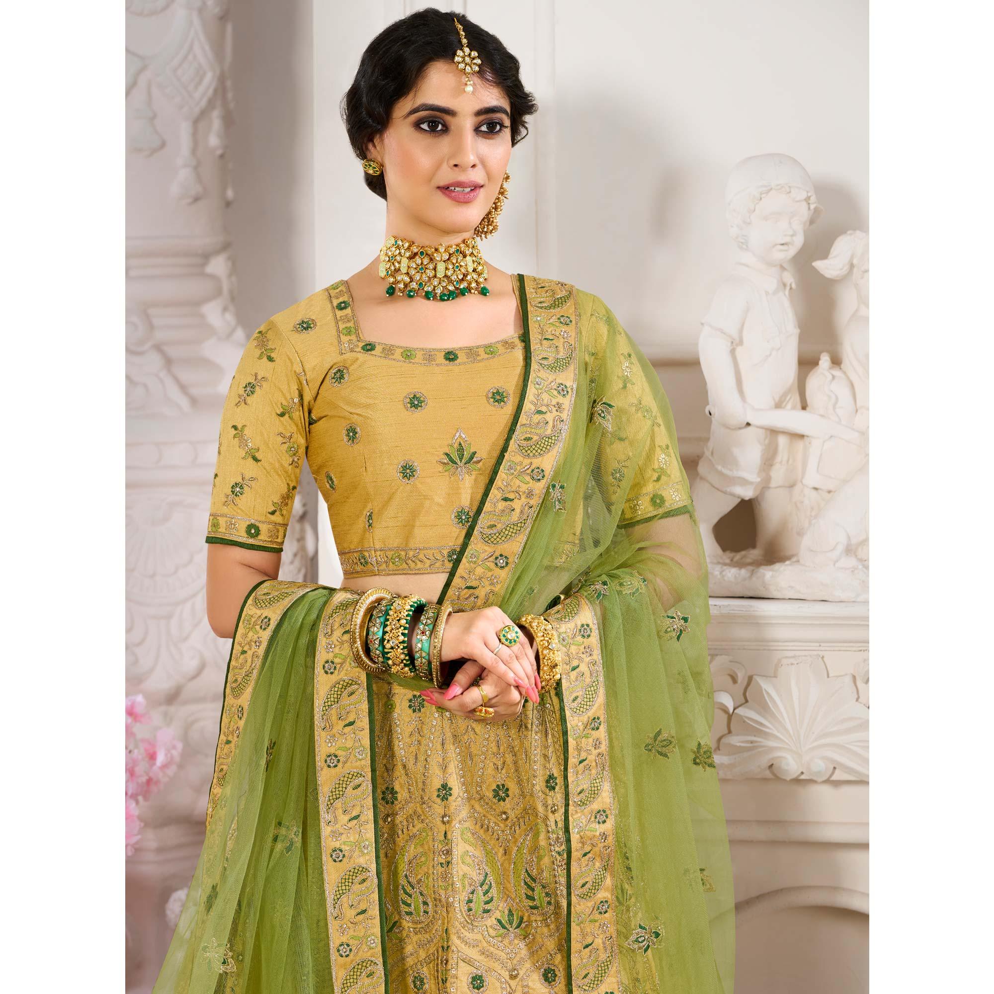 Mustard Wedding Wear Embroidered Silk Lehenga Choli - Peachmode