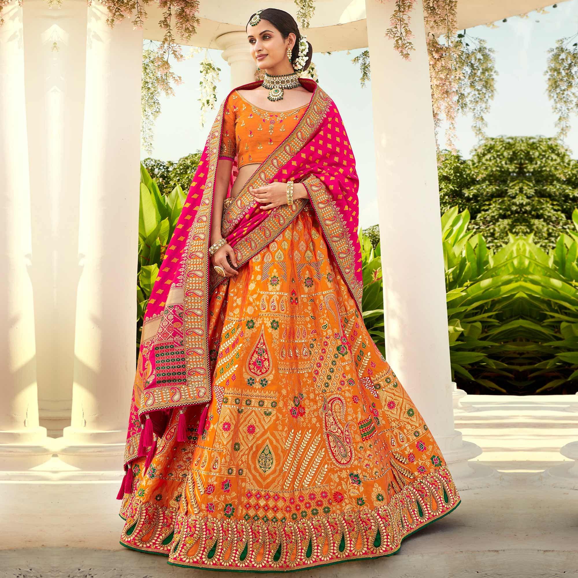 Mustard Wedding Wear Heavy Embroidered Banarasi Silk Lehenga Choli - Peachmode