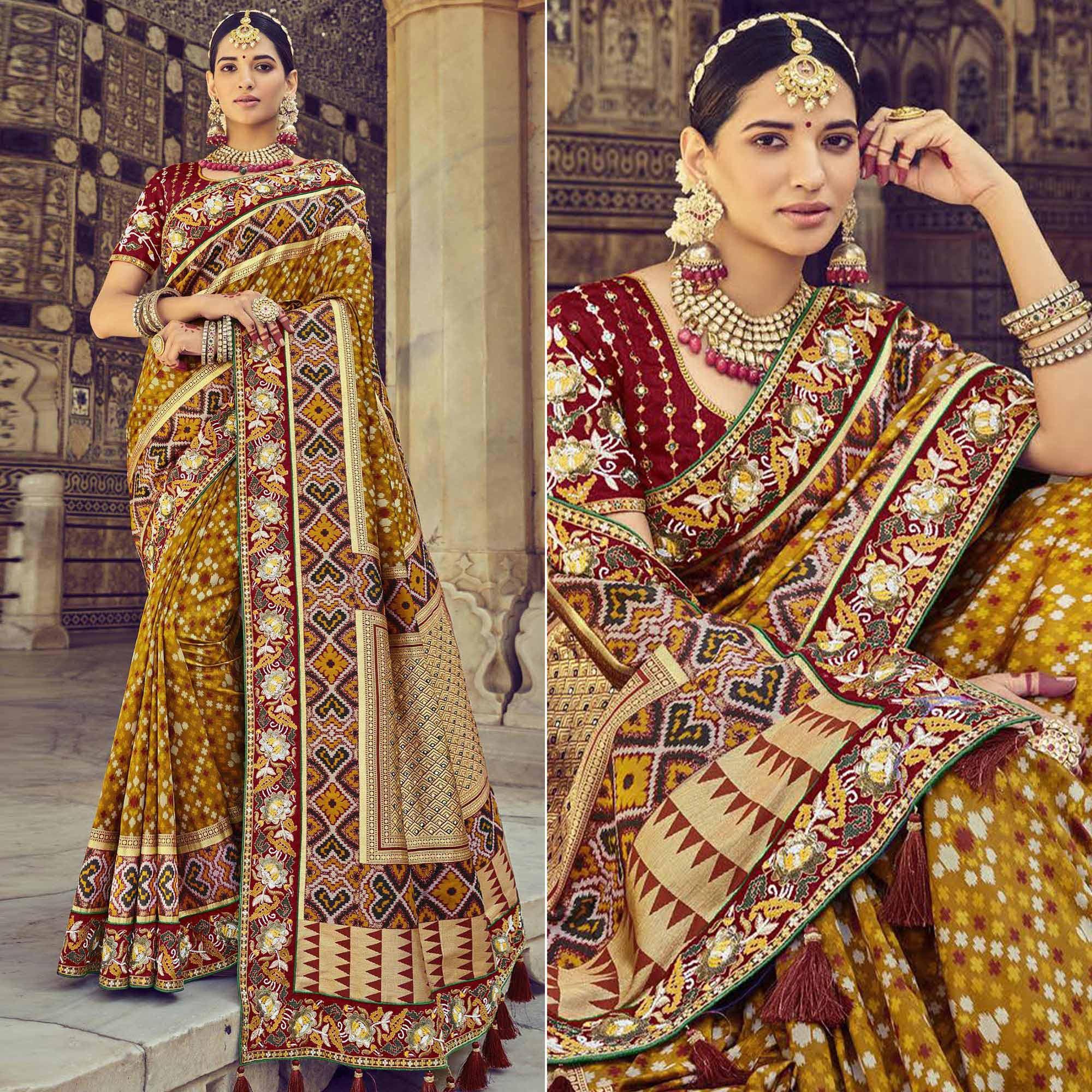 Mustard Wedding Wear Resham With Embellished Silk Bhandhani Patola Saree - Peachmode