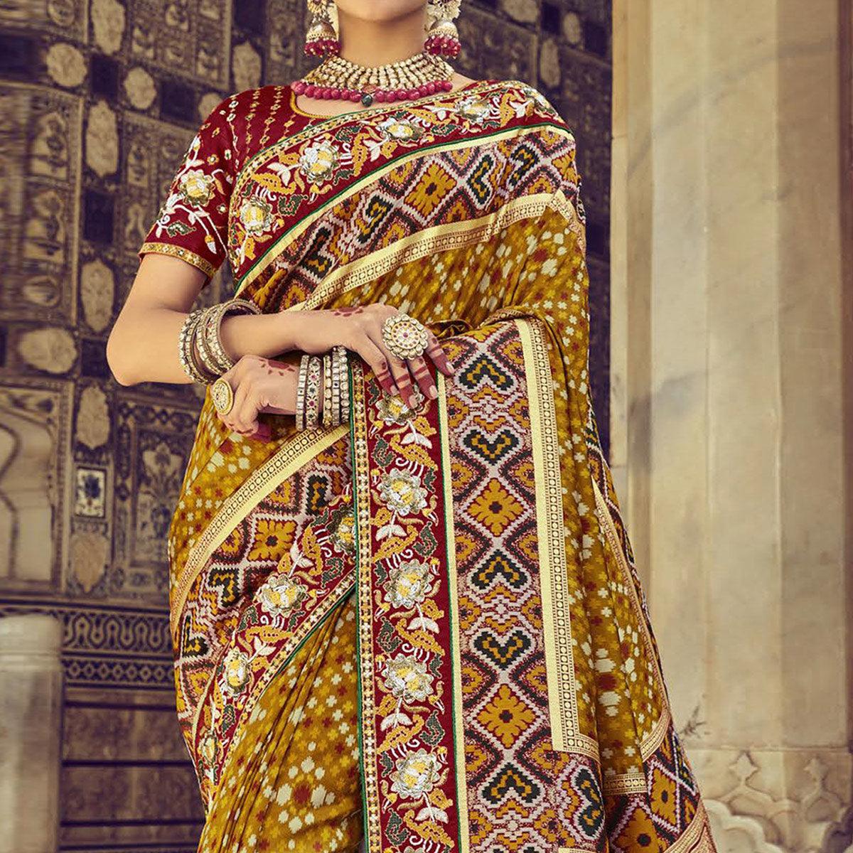 Mustard Wedding Wear Resham With Embellished Silk Bhandhani Patola Saree - Peachmode
